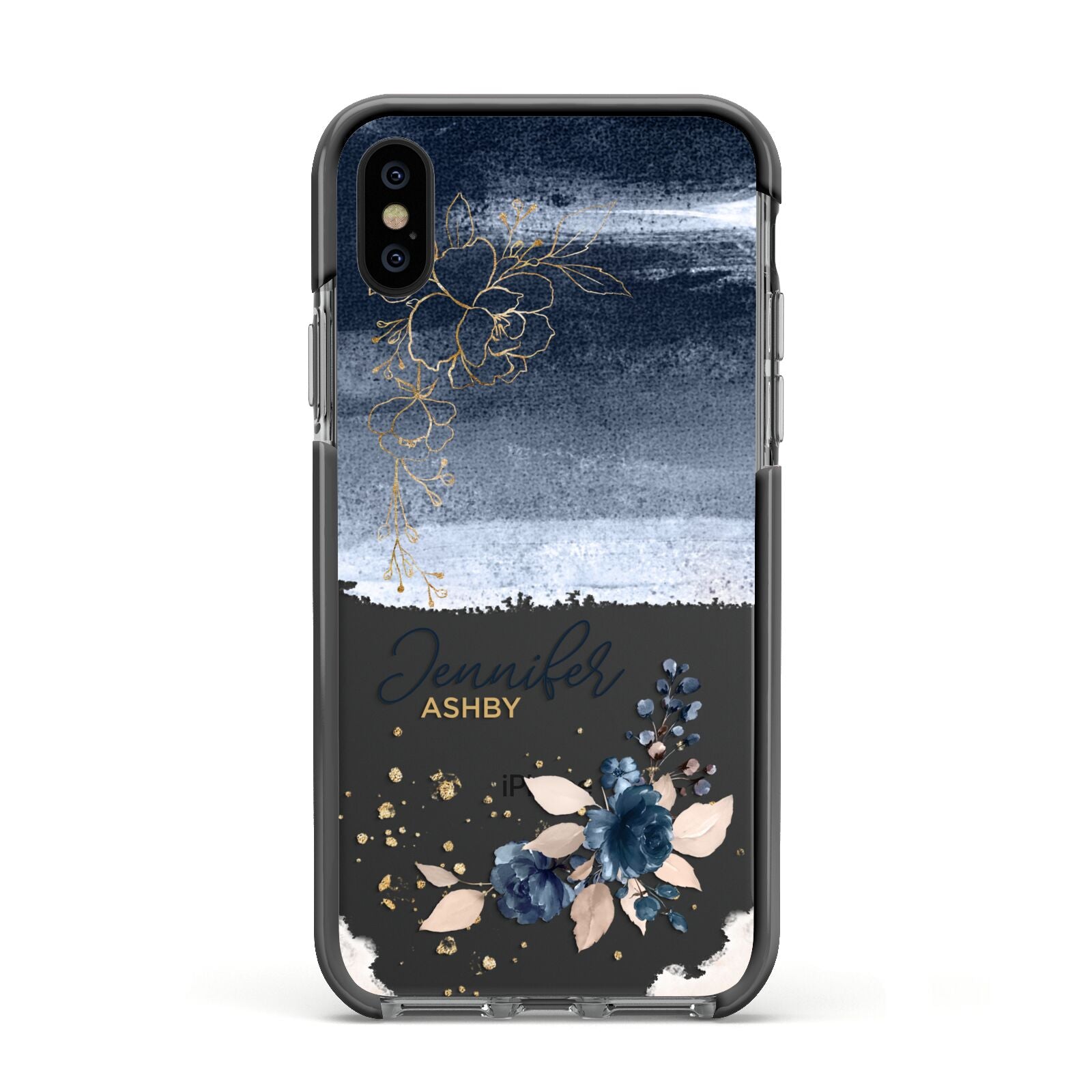 Personalised Blue Pink Watercolour Apple iPhone Xs Impact Case Black Edge on Black Phone