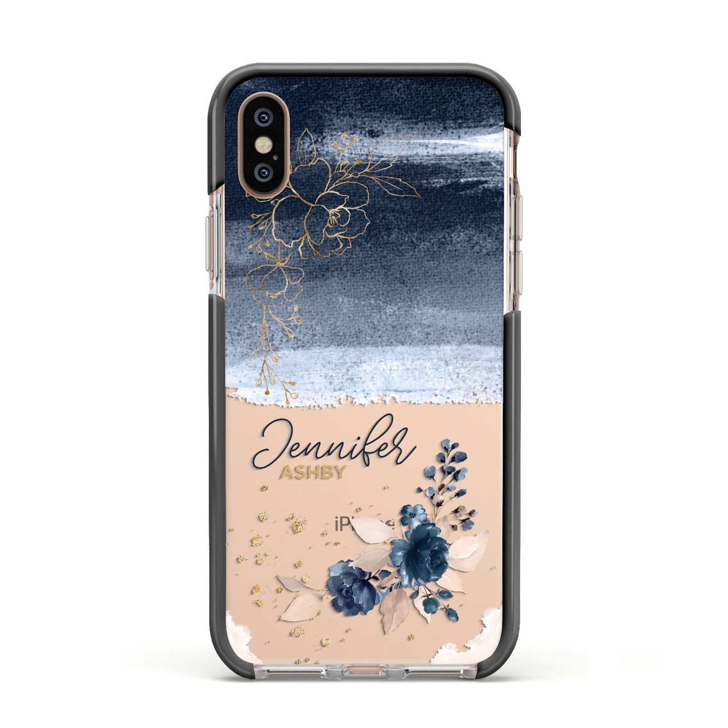 Personalised Blue Pink Watercolour Apple iPhone Xs Impact Case Black Edge on Gold Phone