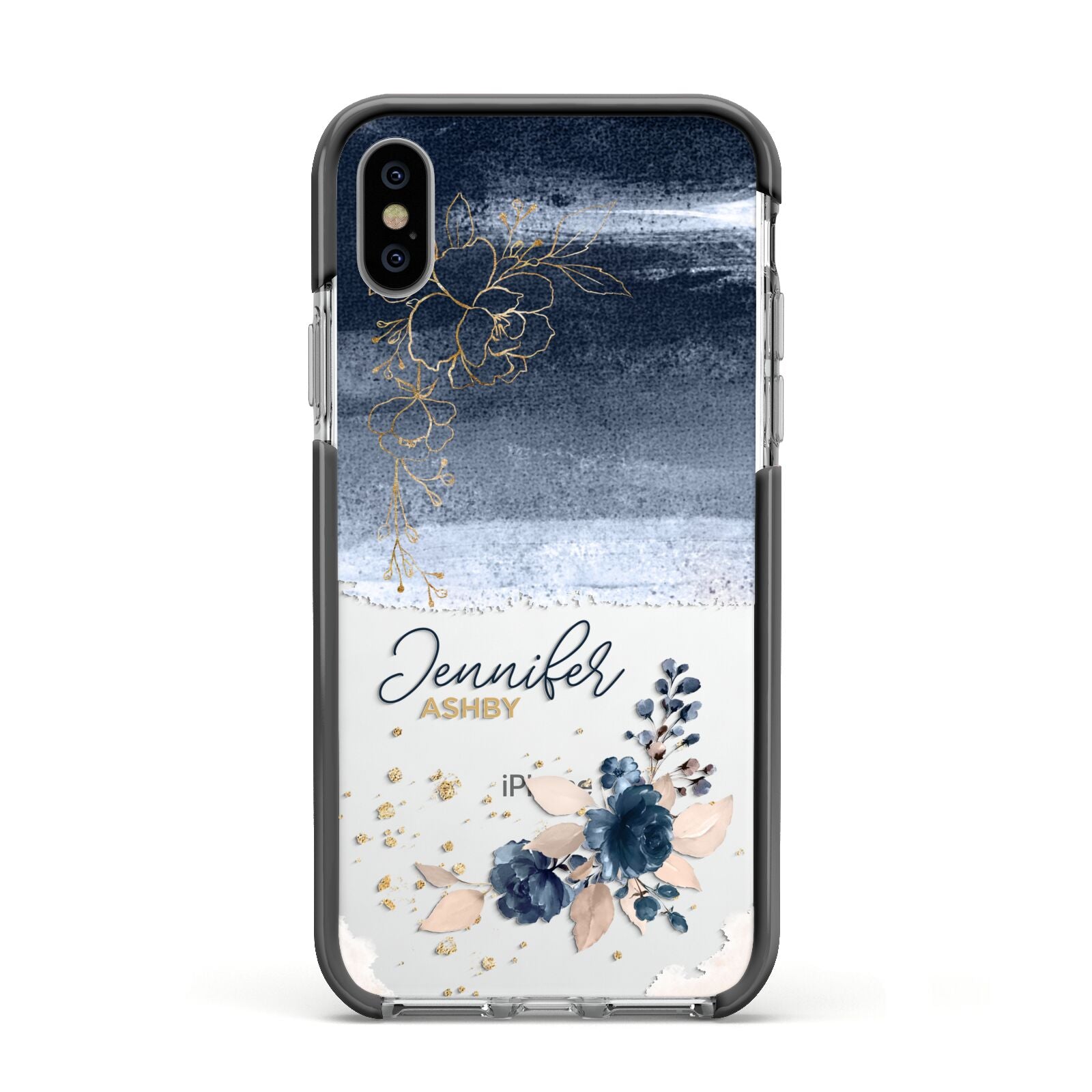 Personalised Blue Pink Watercolour Apple iPhone Xs Impact Case Black Edge on Silver Phone
