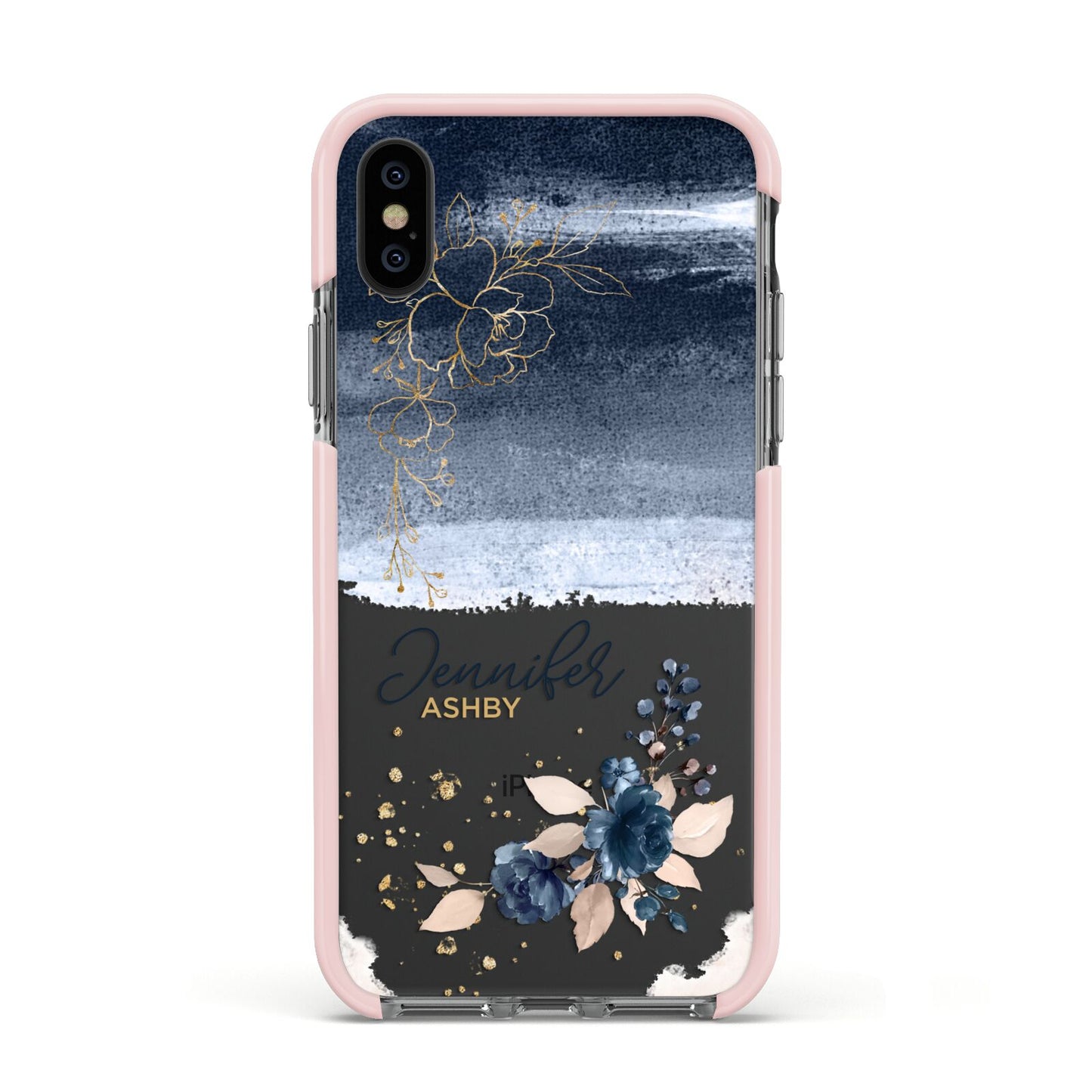 Personalised Blue Pink Watercolour Apple iPhone Xs Impact Case Pink Edge on Black Phone