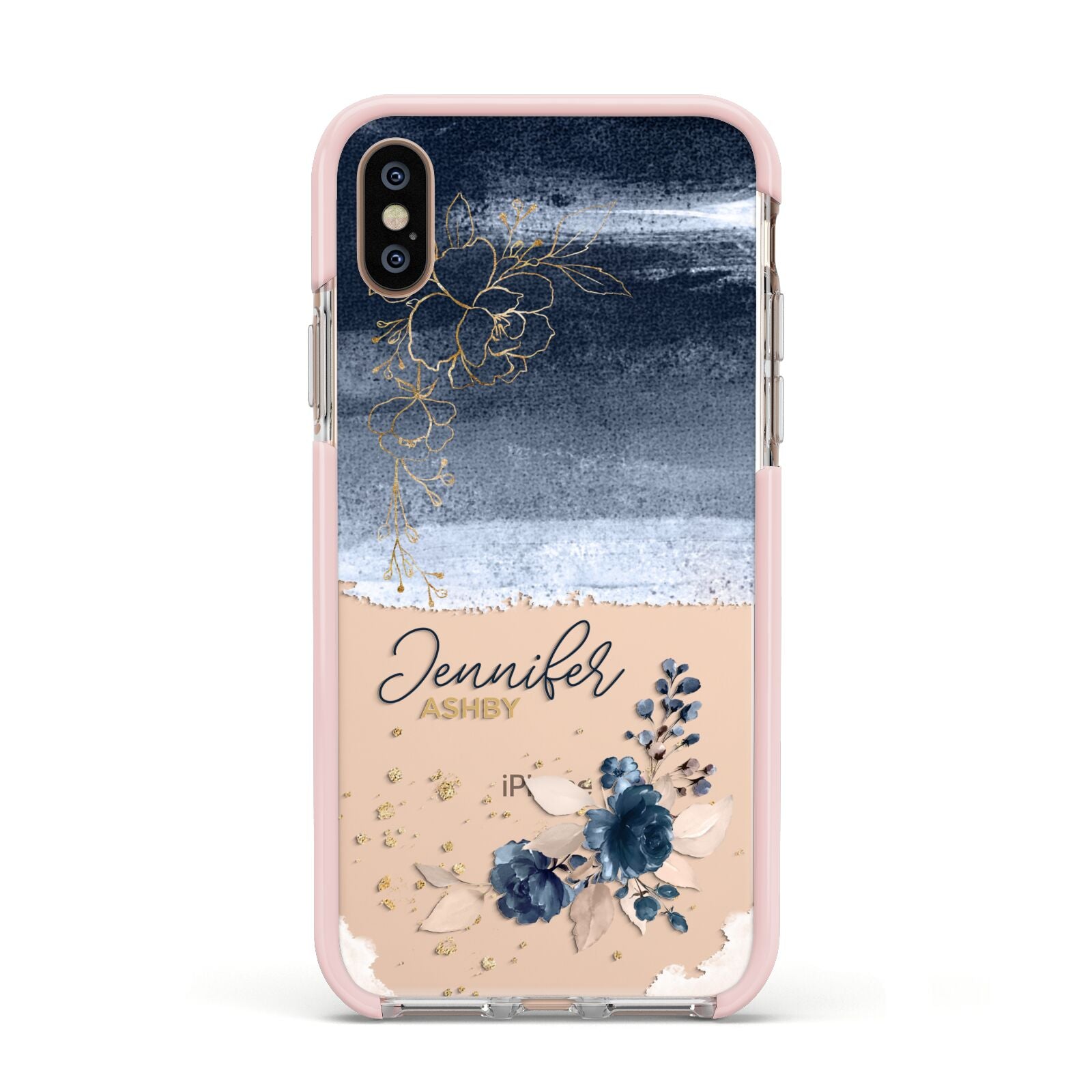 Personalised Blue Pink Watercolour Apple iPhone Xs Impact Case Pink Edge on Gold Phone