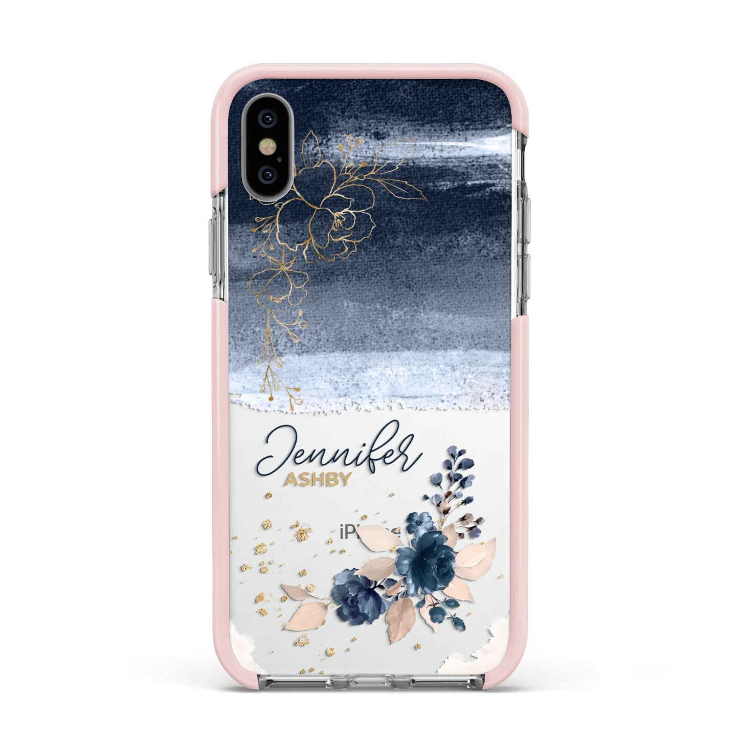 Personalised Blue Pink Watercolour Apple iPhone Xs Impact Case Pink Edge on Silver Phone