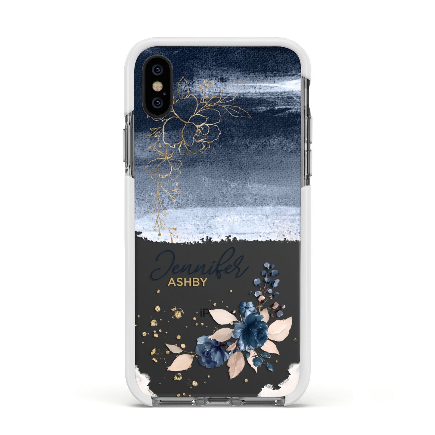 Personalised Blue Pink Watercolour Apple iPhone Xs Impact Case White Edge on Black Phone
