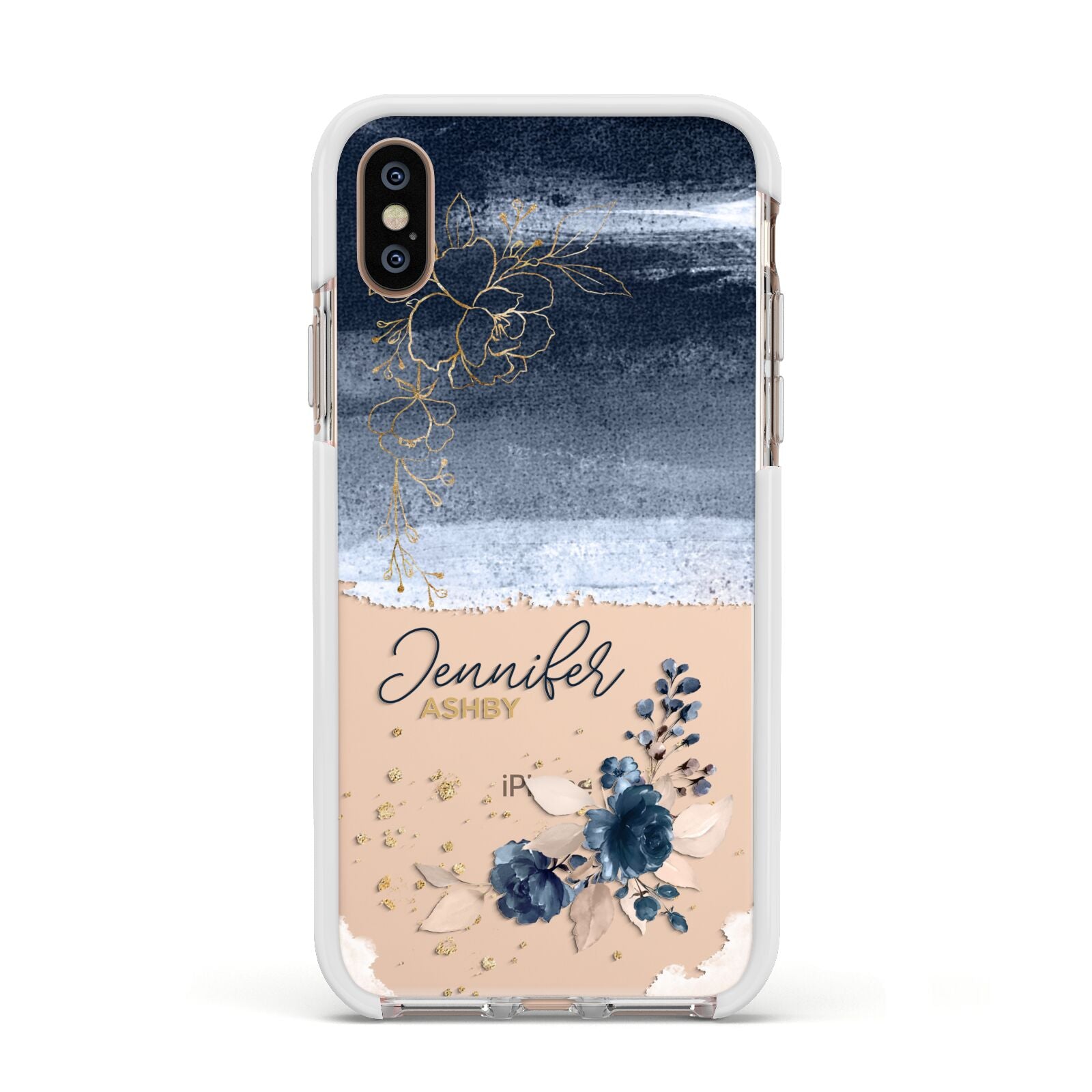 Personalised Blue Pink Watercolour Apple iPhone Xs Impact Case White Edge on Gold Phone