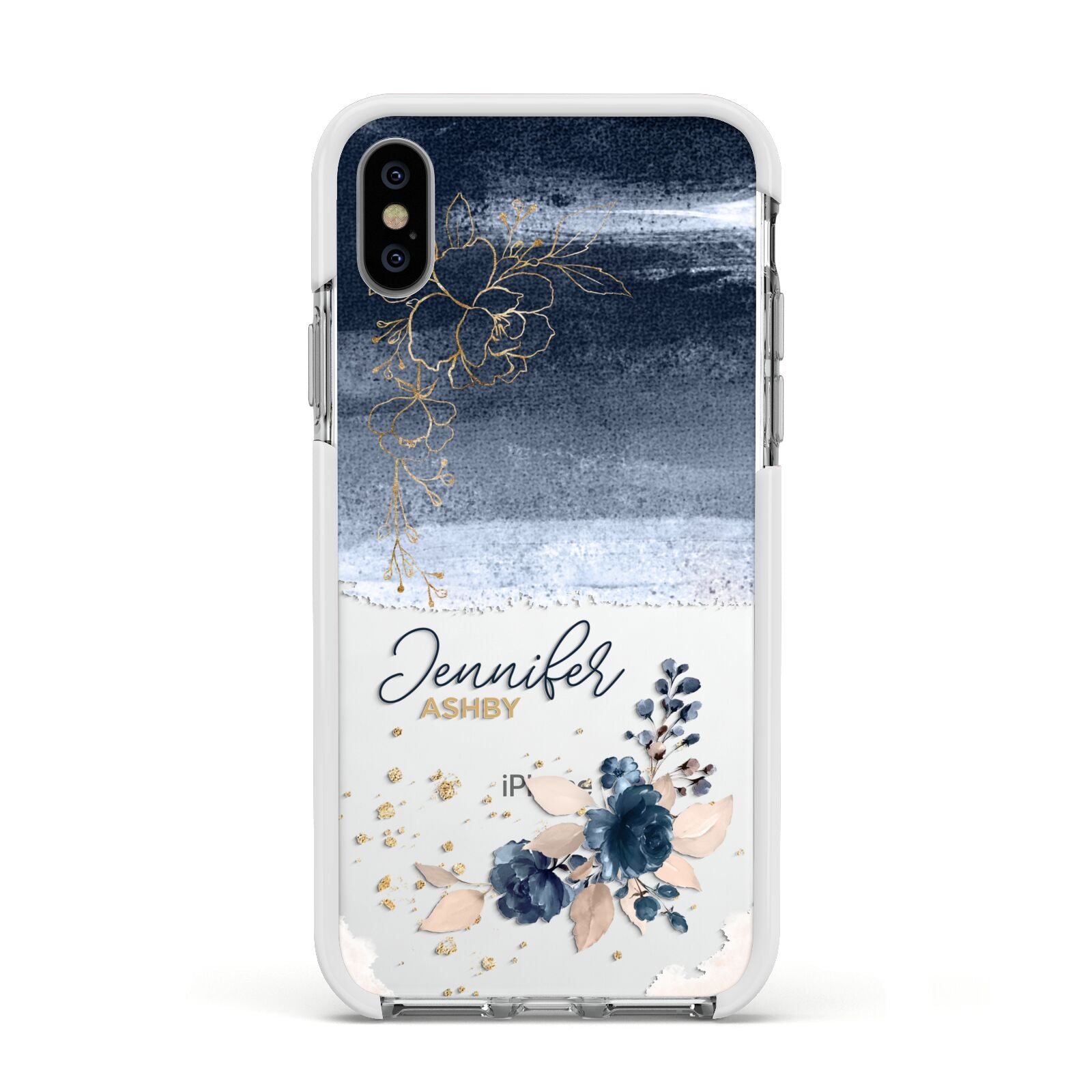 Personalised Blue Pink Watercolour Apple iPhone Xs Impact Case White Edge on Silver Phone