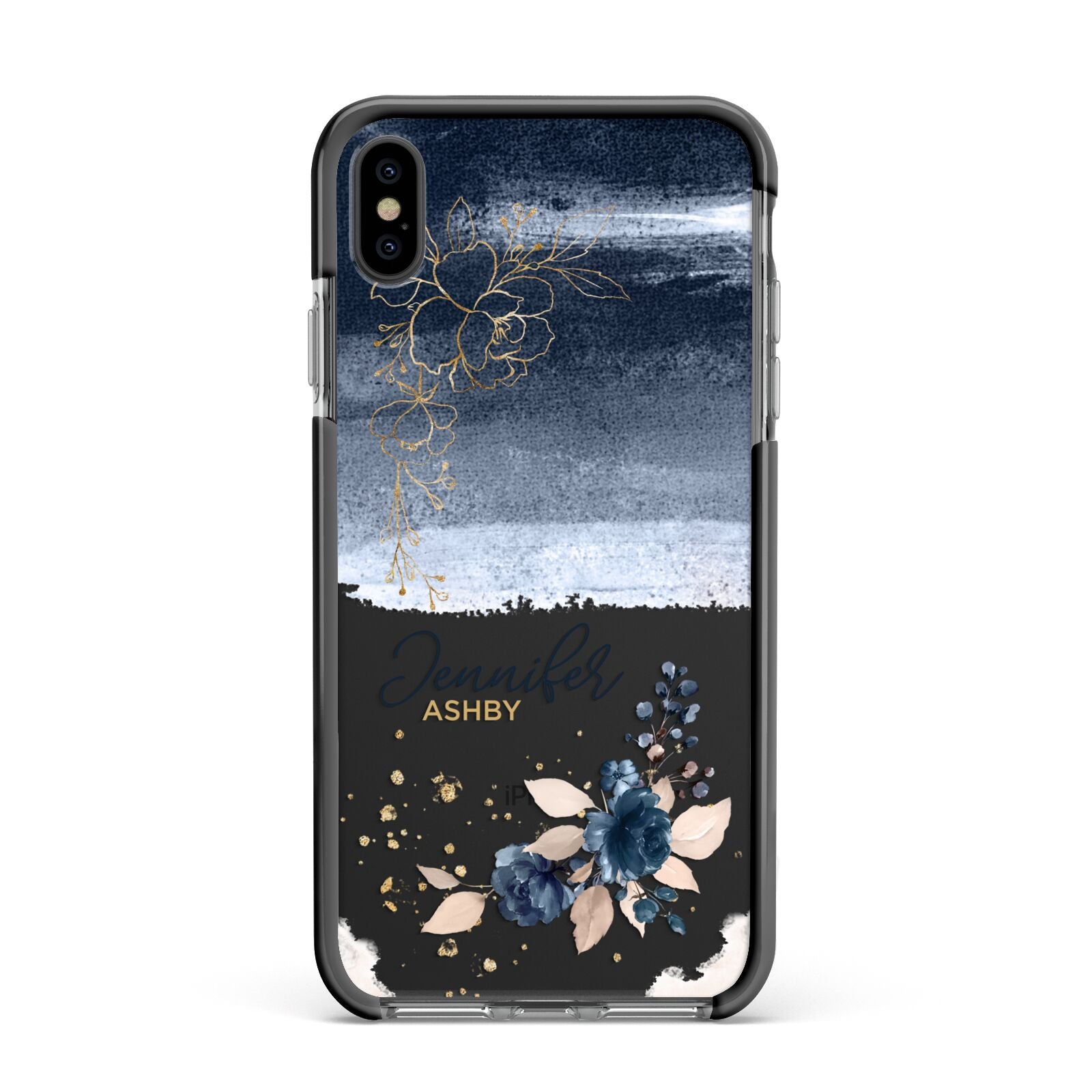 Personalised Blue Pink Watercolour Apple iPhone Xs Max Impact Case Black Edge on Black Phone