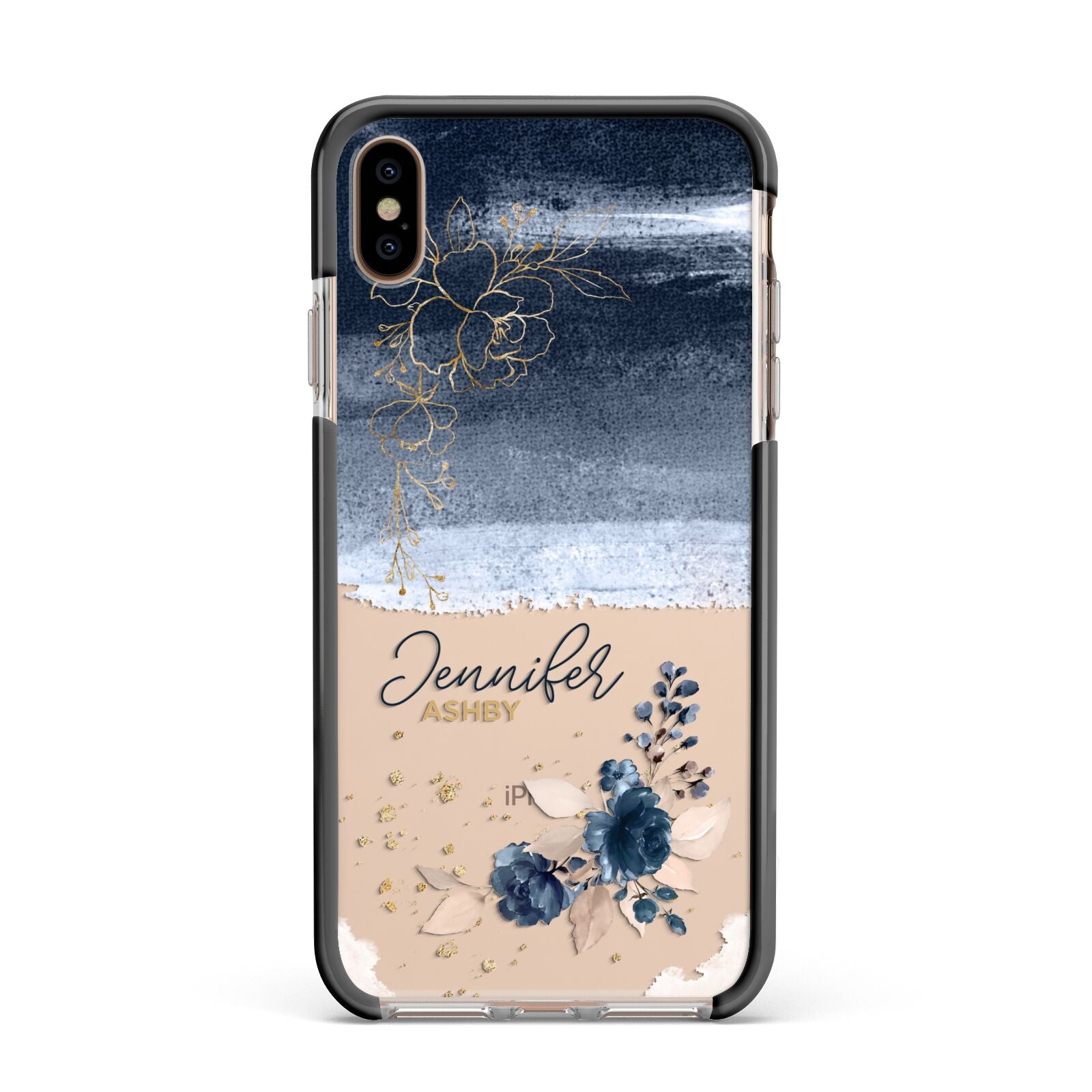 Personalised Blue Pink Watercolour Apple iPhone Xs Max Impact Case Black Edge on Gold Phone