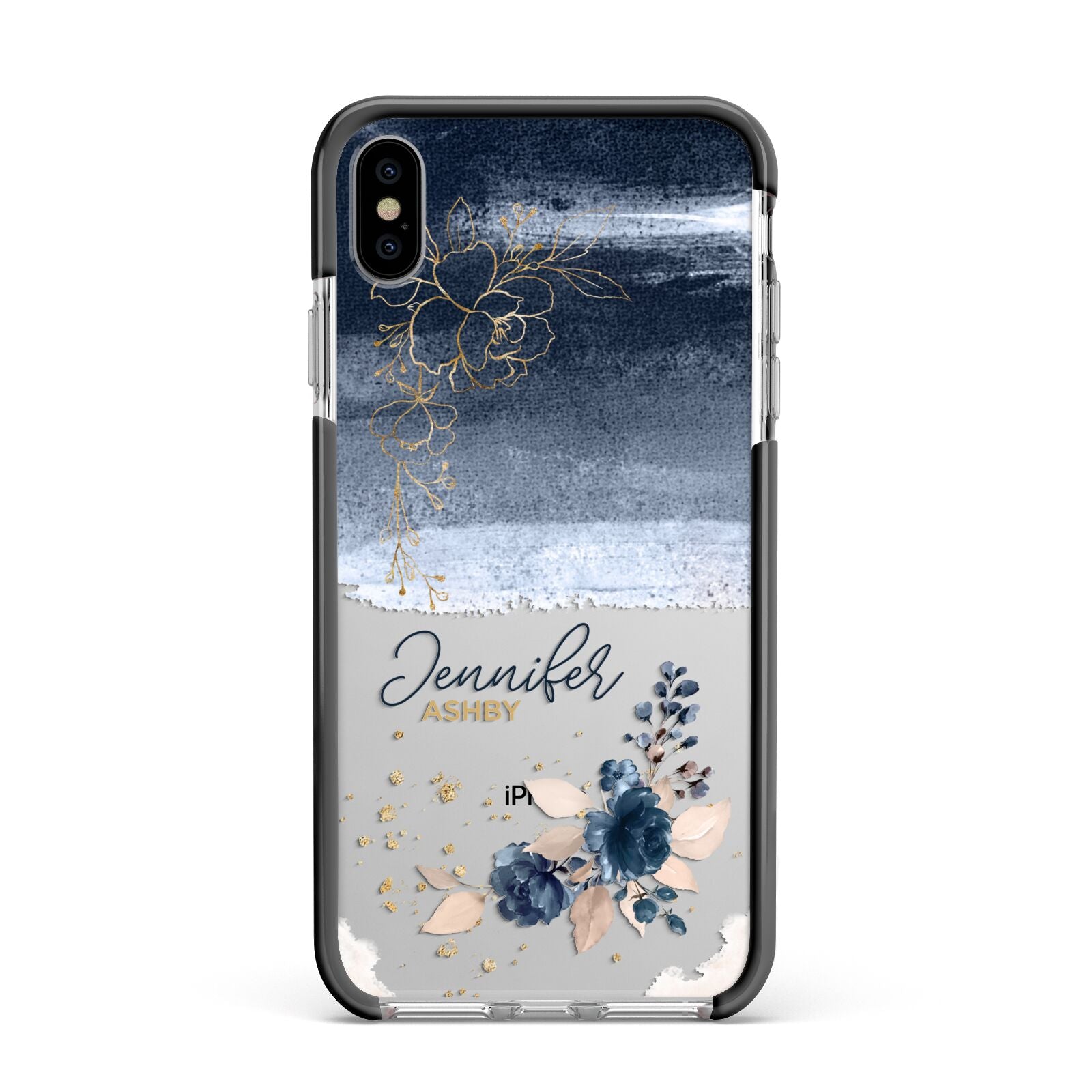 Personalised Blue Pink Watercolour Apple iPhone Xs Max Impact Case Black Edge on Silver Phone
