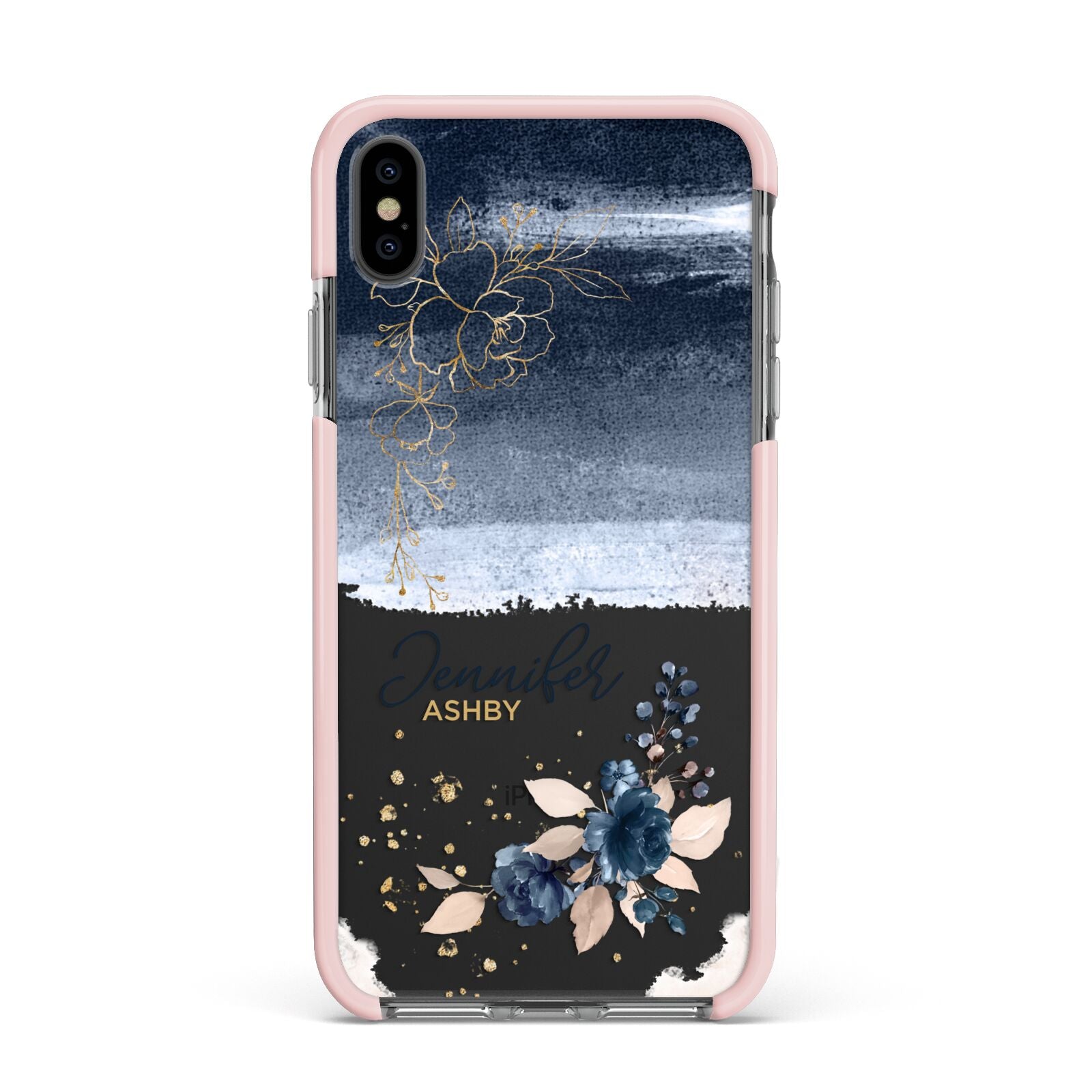 Personalised Blue Pink Watercolour Apple iPhone Xs Max Impact Case Pink Edge on Black Phone
