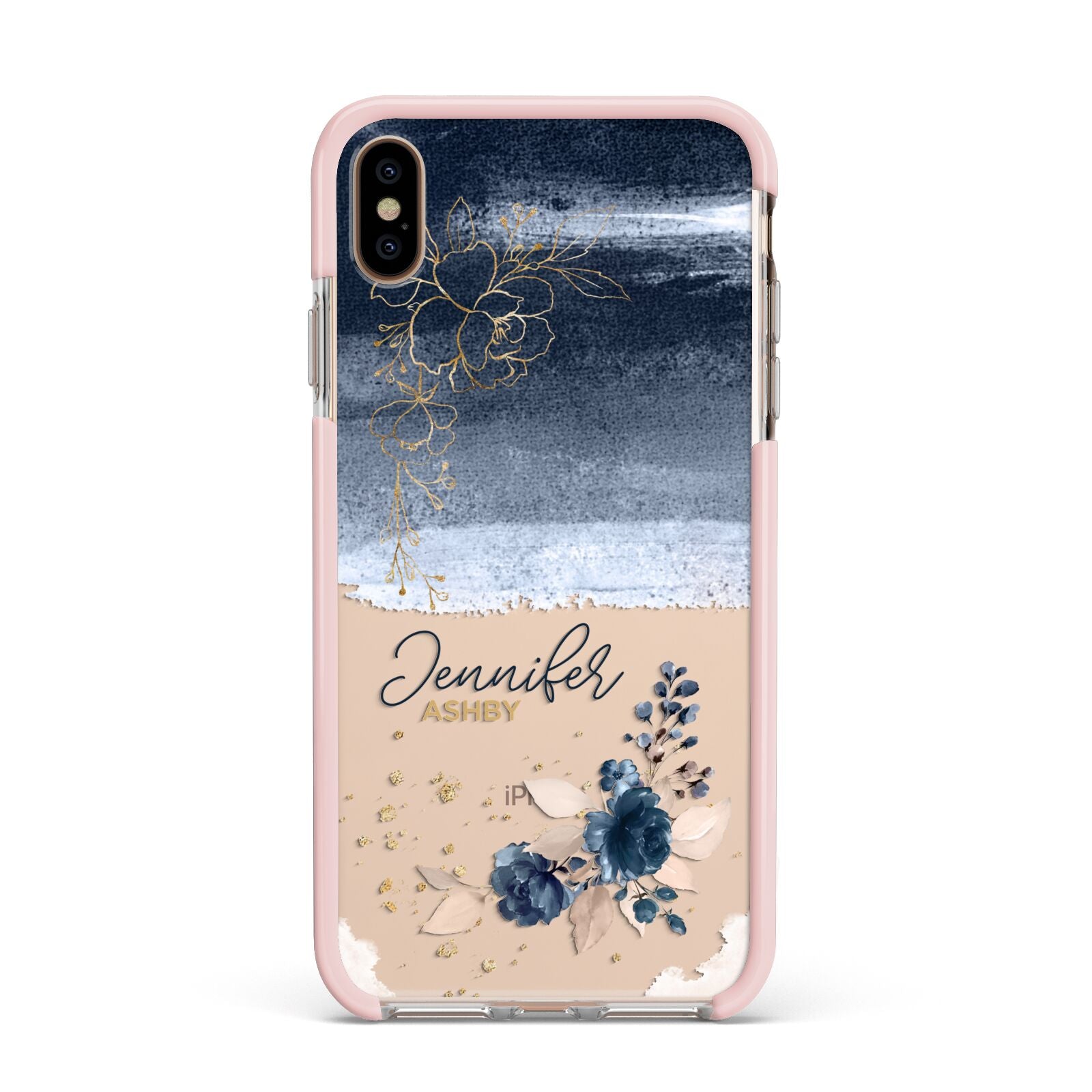 Personalised Blue Pink Watercolour Apple iPhone Xs Max Impact Case Pink Edge on Gold Phone