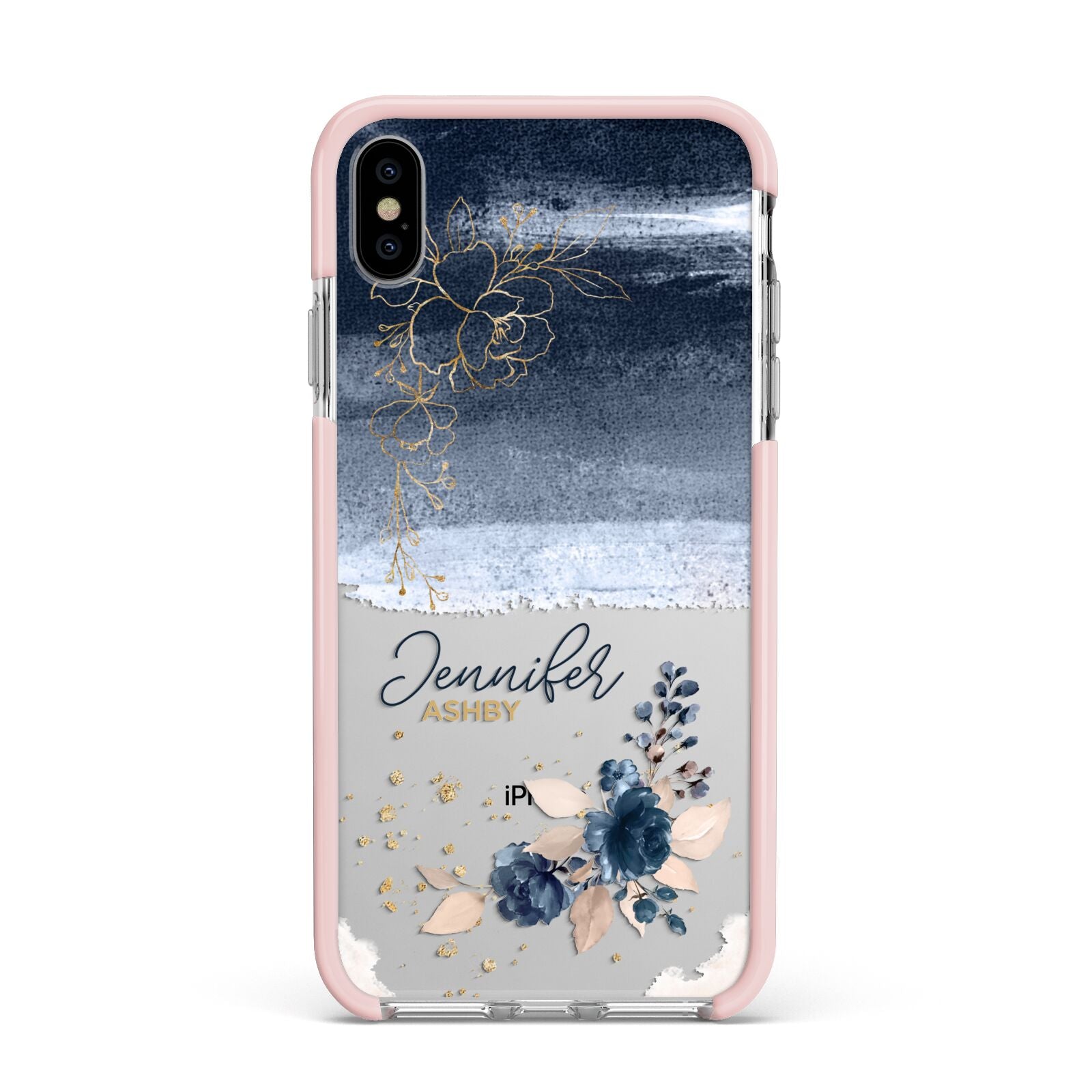 Personalised Blue Pink Watercolour Apple iPhone Xs Max Impact Case Pink Edge on Silver Phone