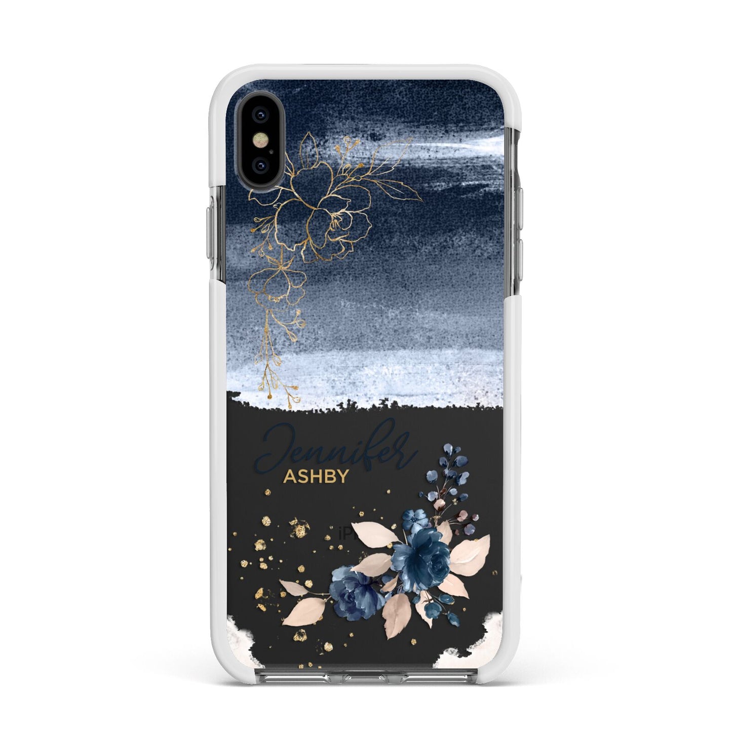 Personalised Blue Pink Watercolour Apple iPhone Xs Max Impact Case White Edge on Black Phone