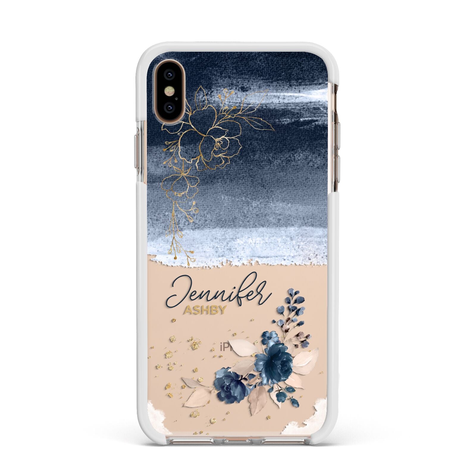 Personalised Blue Pink Watercolour Apple iPhone Xs Max Impact Case White Edge on Gold Phone