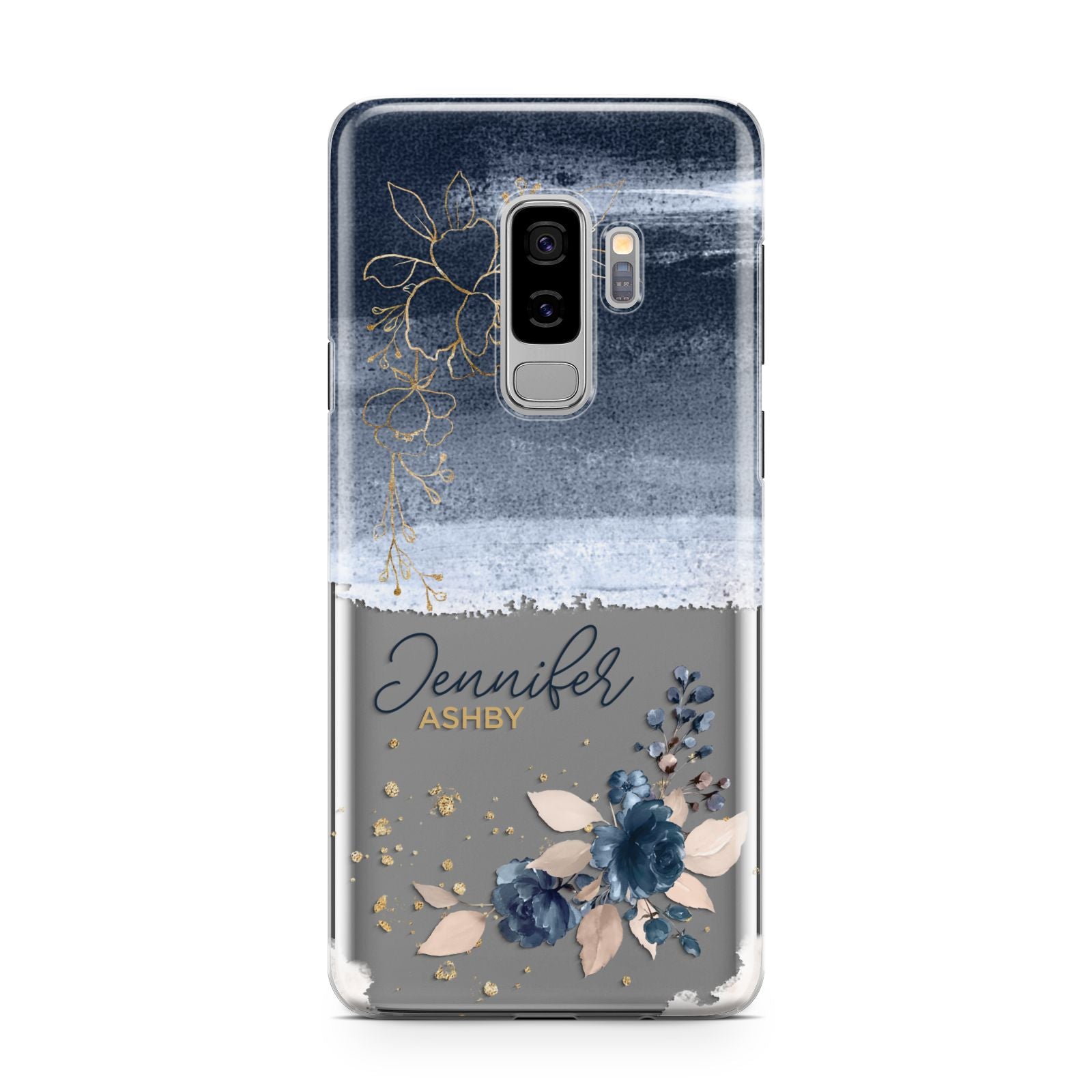 Personalised Blue Pink Watercolour Samsung Galaxy S9 Plus Case on Silver phone