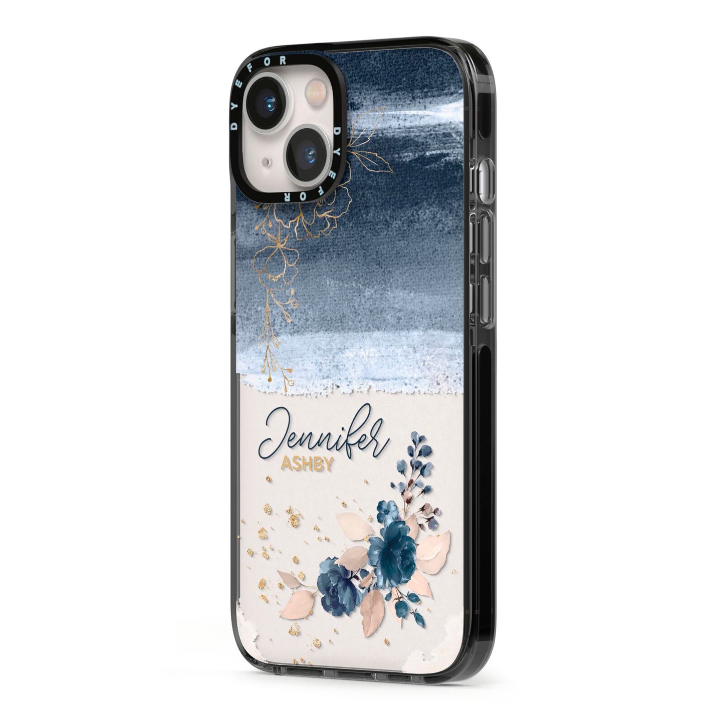 Personalised Blue Pink Watercolour iPhone 13 Black Impact Case Side Angle on Silver phone