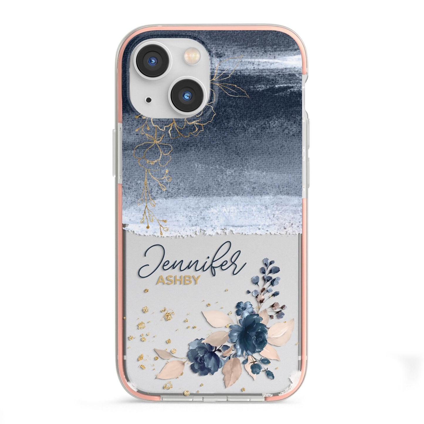 Personalised Blue Pink Watercolour iPhone 13 Mini TPU Impact Case with Pink Edges