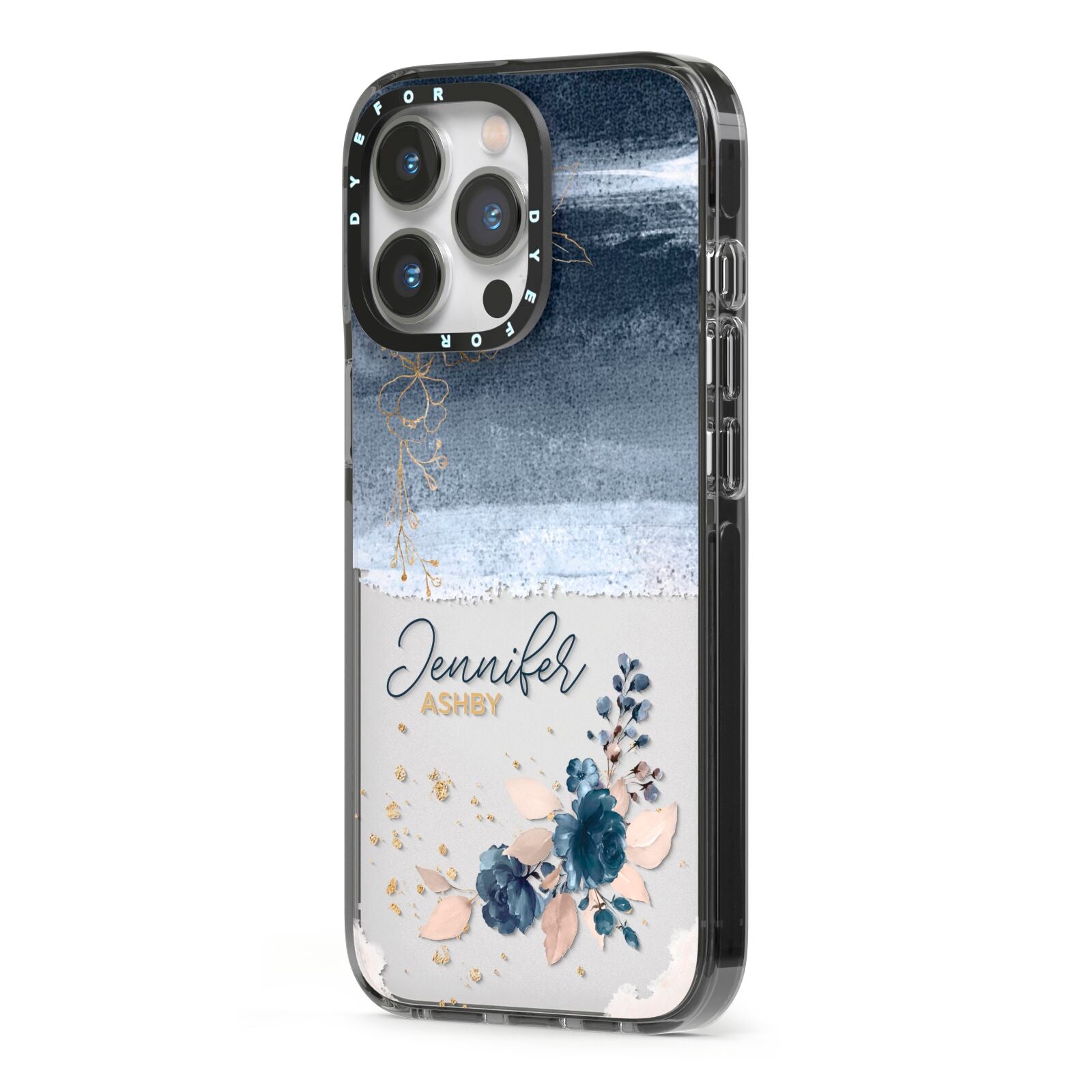 Personalised Blue Pink Watercolour iPhone 13 Pro Black Impact Case Side Angle on Silver phone