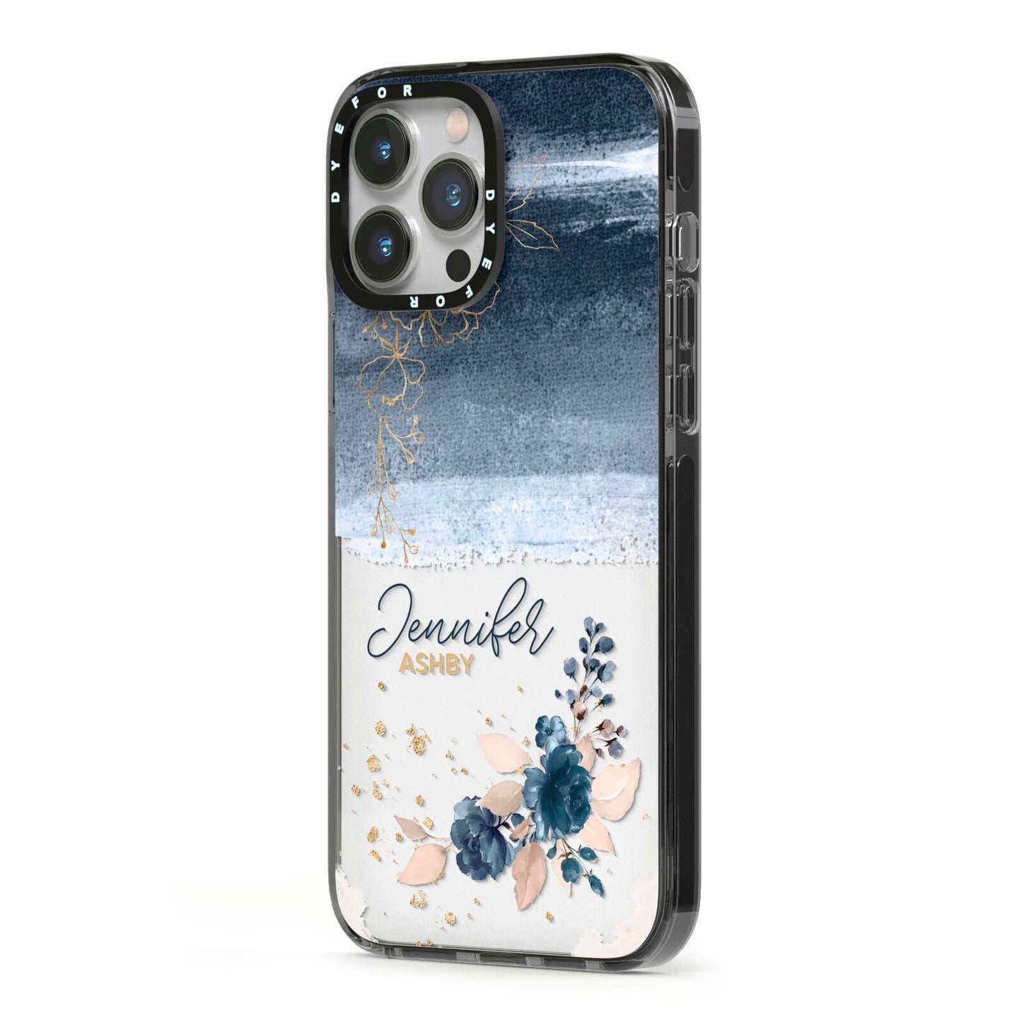 Personalised Blue Pink Watercolour iPhone 13 Pro Max Black Impact Case Side Angle on Silver phone