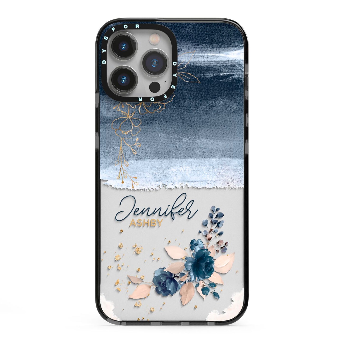Personalised Blue Pink Watercolour iPhone 13 Pro Max Black Impact Case on Silver phone