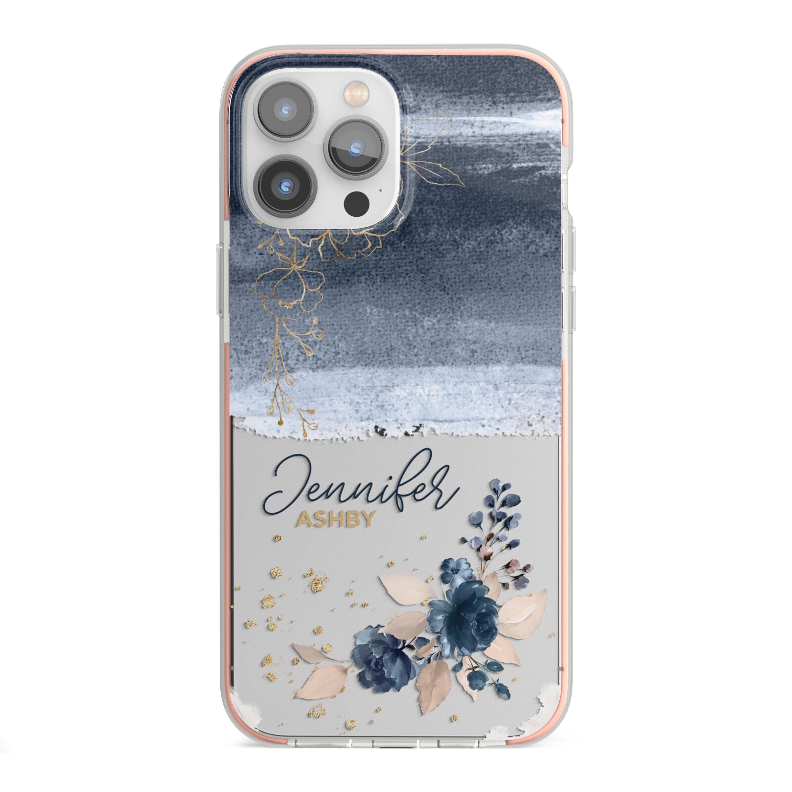 Personalised Blue Pink Watercolour iPhone 13 Pro Max TPU Impact Case with Pink Edges