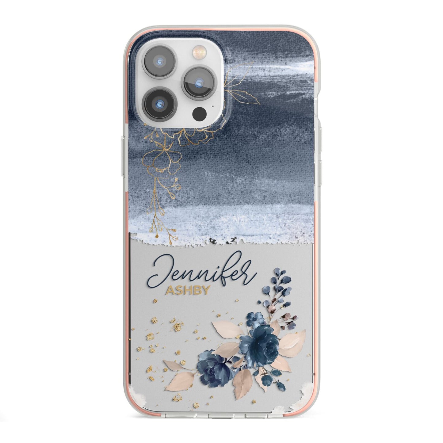 Personalised Blue Pink Watercolour iPhone 13 Pro Max TPU Impact Case with Pink Edges