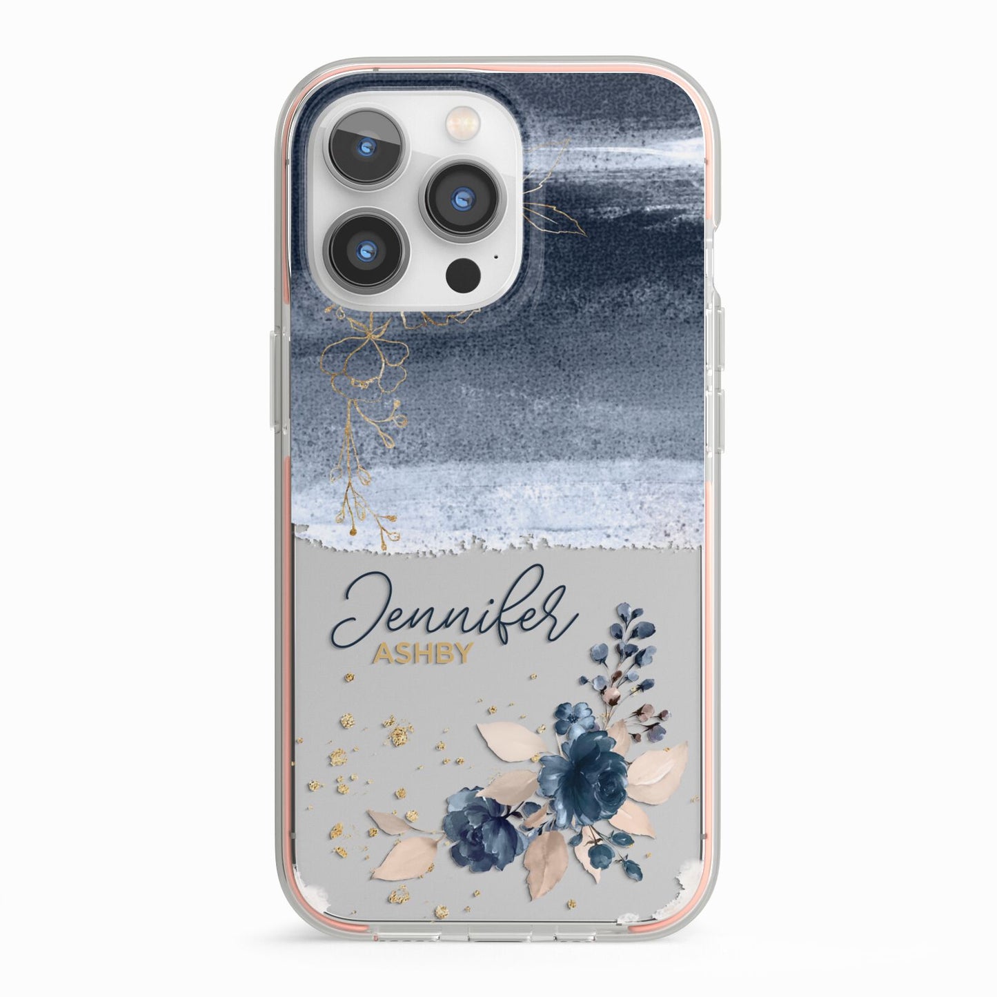 Personalised Blue Pink Watercolour iPhone 13 Pro TPU Impact Case with Pink Edges