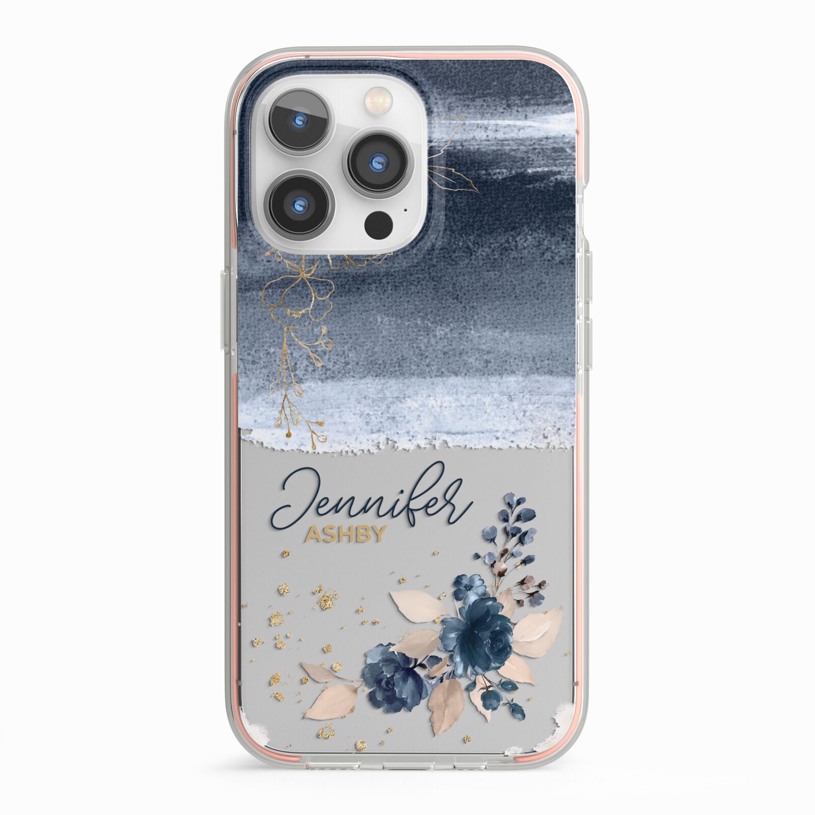 Personalised Blue Pink Watercolour iPhone 13 Pro TPU Impact Case with Pink Edges