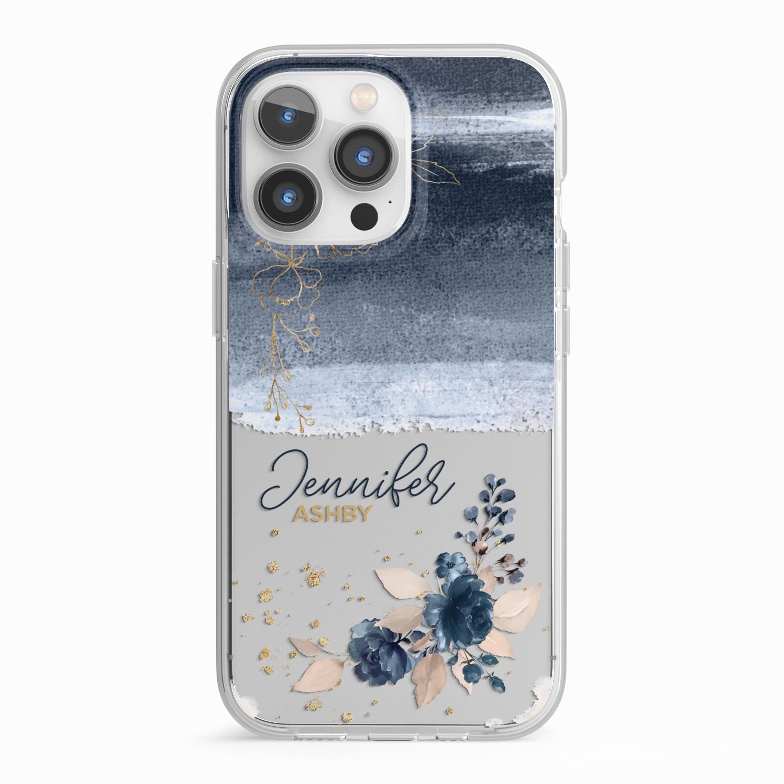 Personalised Blue Pink Watercolour iPhone 13 Pro TPU Impact Case with White Edges