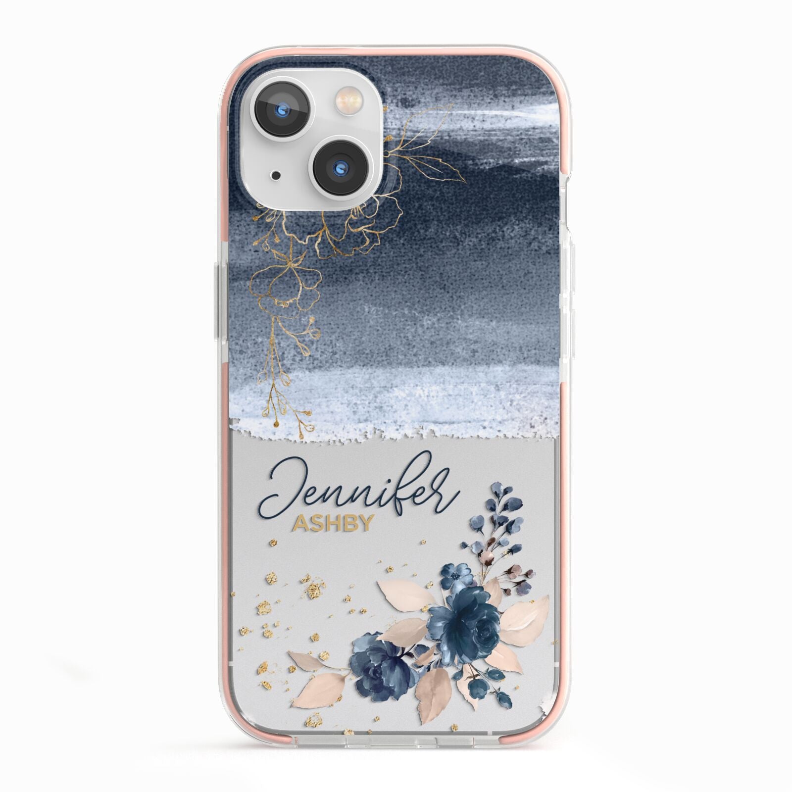 Personalised Blue Pink Watercolour iPhone 13 TPU Impact Case with Pink Edges