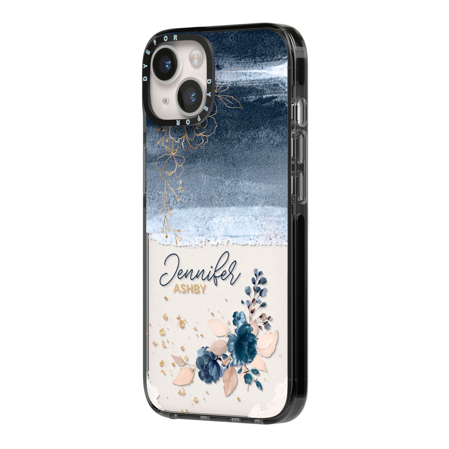 Personalised Blue Pink Watercolour iPhone 14 Black Impact Case Side Angle on Silver phone