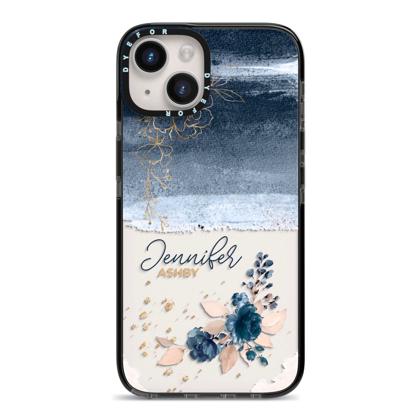 Personalised Blue Pink Watercolour iPhone 14 Black Impact Case on Silver phone