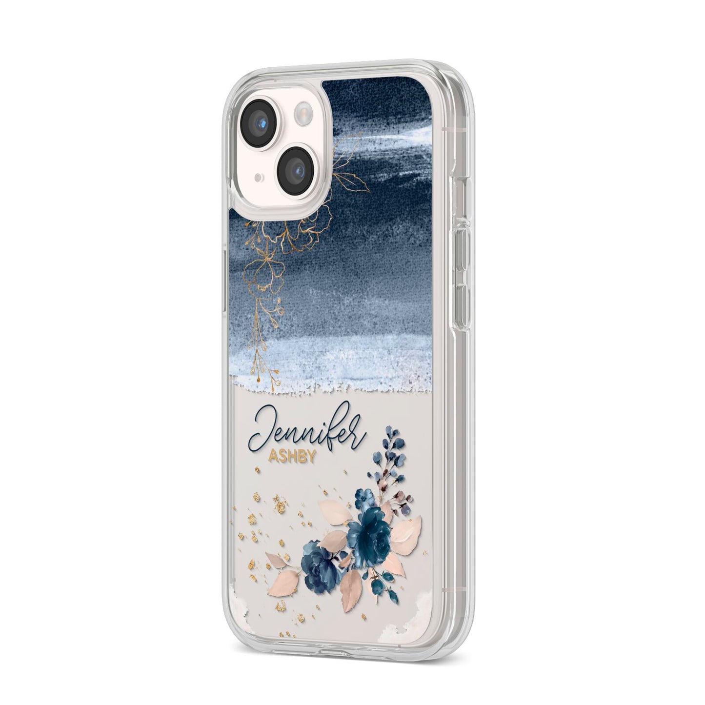 Personalised Blue Pink Watercolour iPhone 14 Clear Tough Case Starlight Angled Image