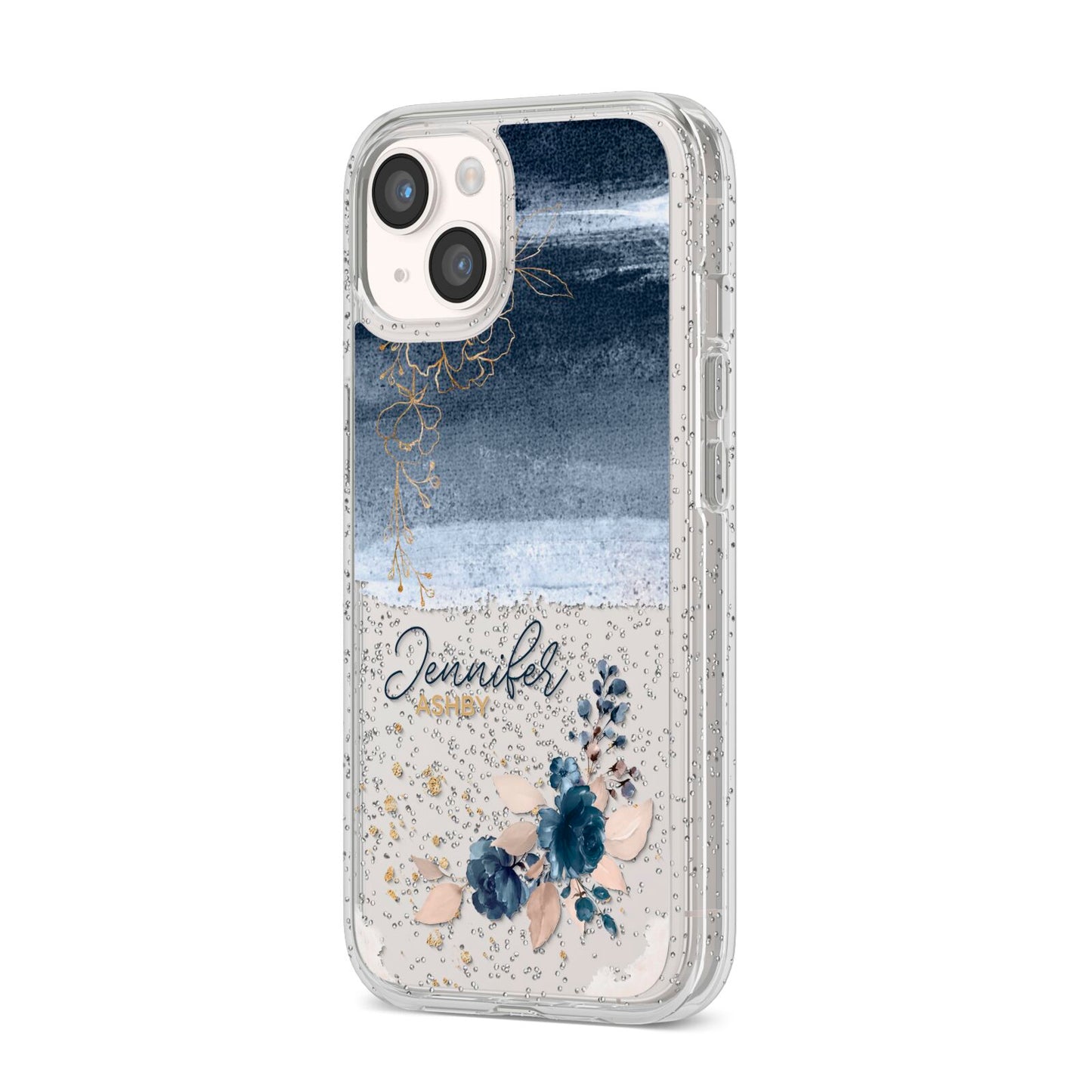 Personalised Blue Pink Watercolour iPhone 14 Glitter Tough Case Starlight Angled Image