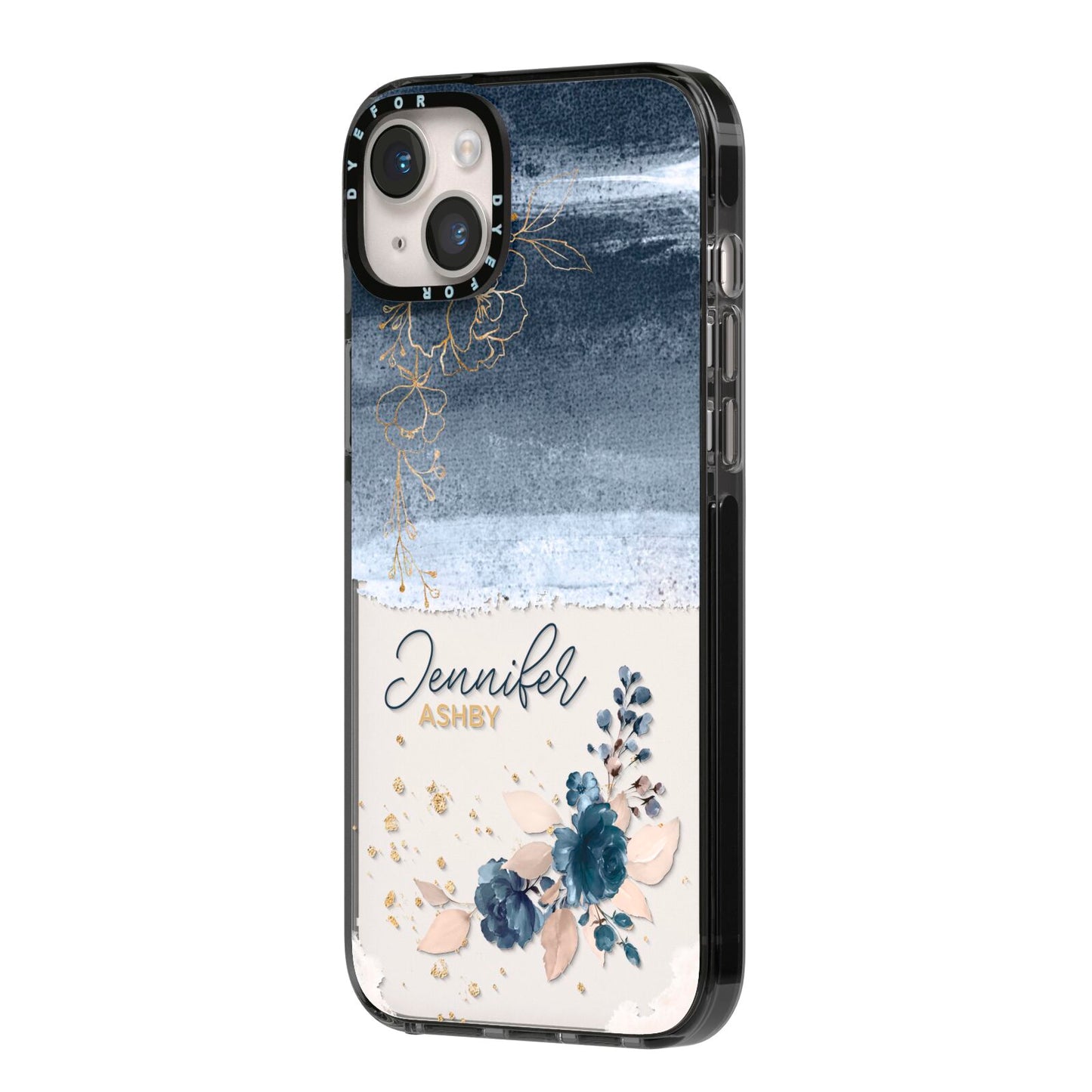 Personalised Blue Pink Watercolour iPhone 14 Plus Black Impact Case Side Angle on Silver phone