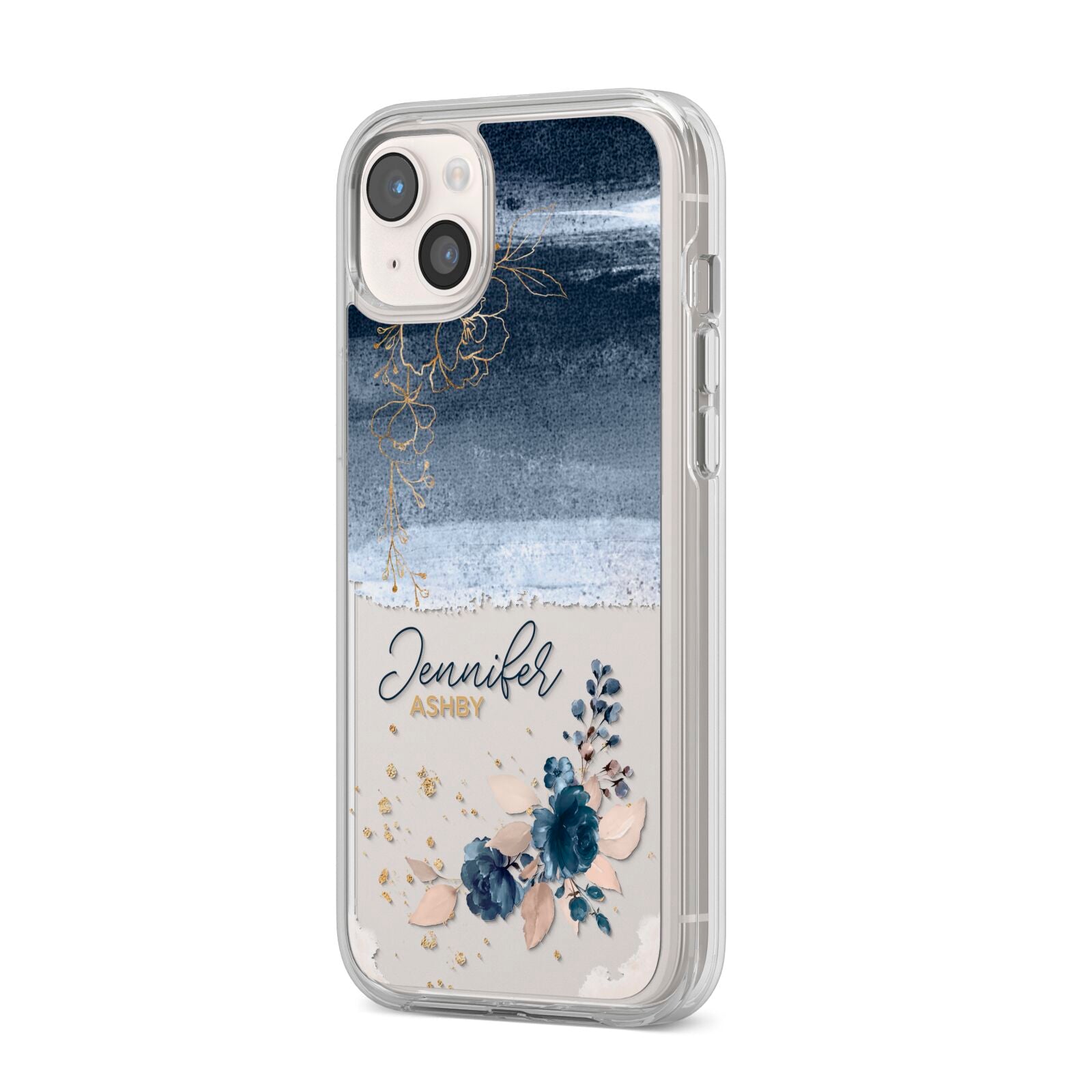 Personalised Blue Pink Watercolour iPhone 14 Plus Clear Tough Case Starlight Angled Image