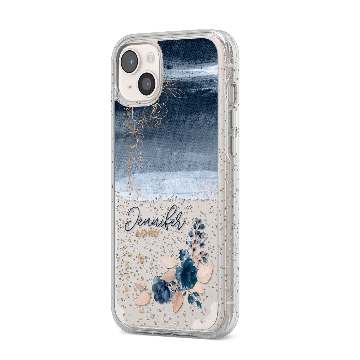 Personalised Blue Pink Watercolour iPhone 14 Plus Glitter Tough Case Starlight Angled Image