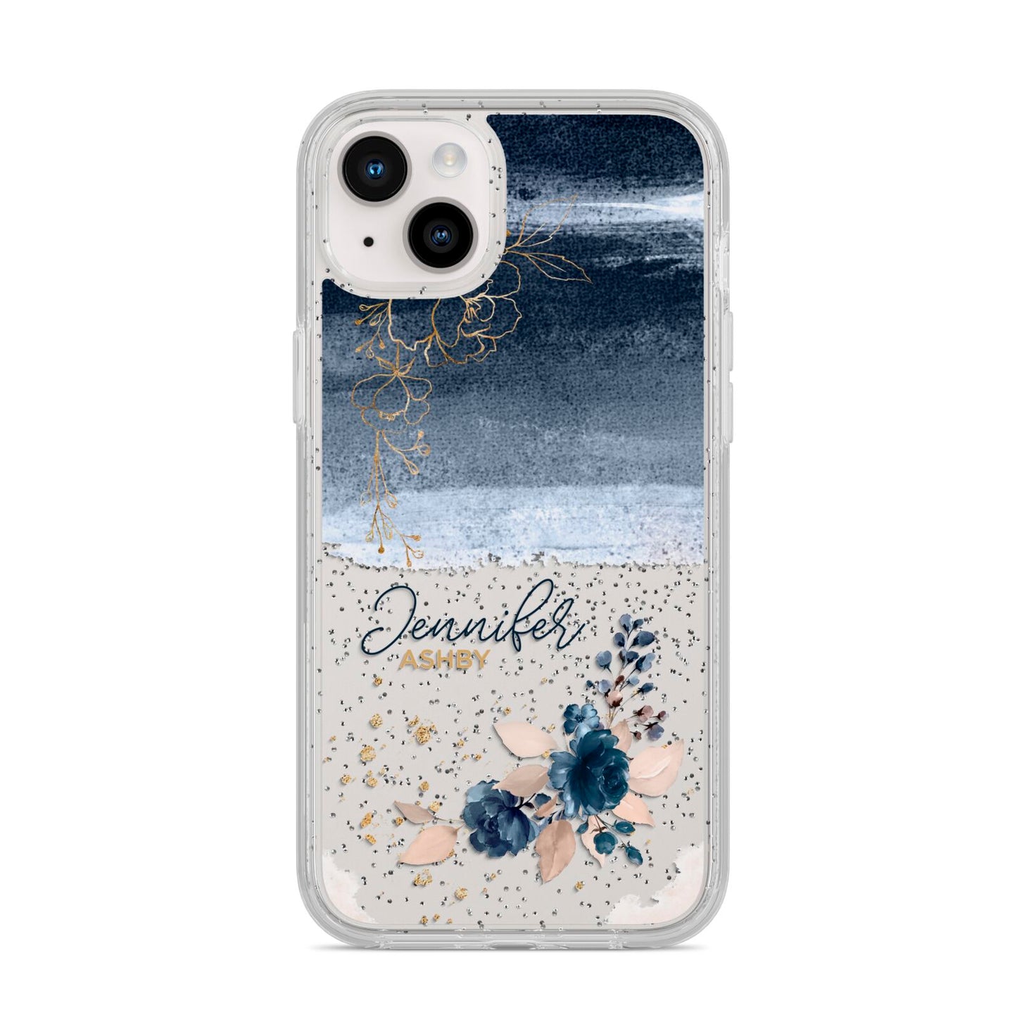 Personalised Blue Pink Watercolour iPhone 14 Plus Glitter Tough Case Starlight