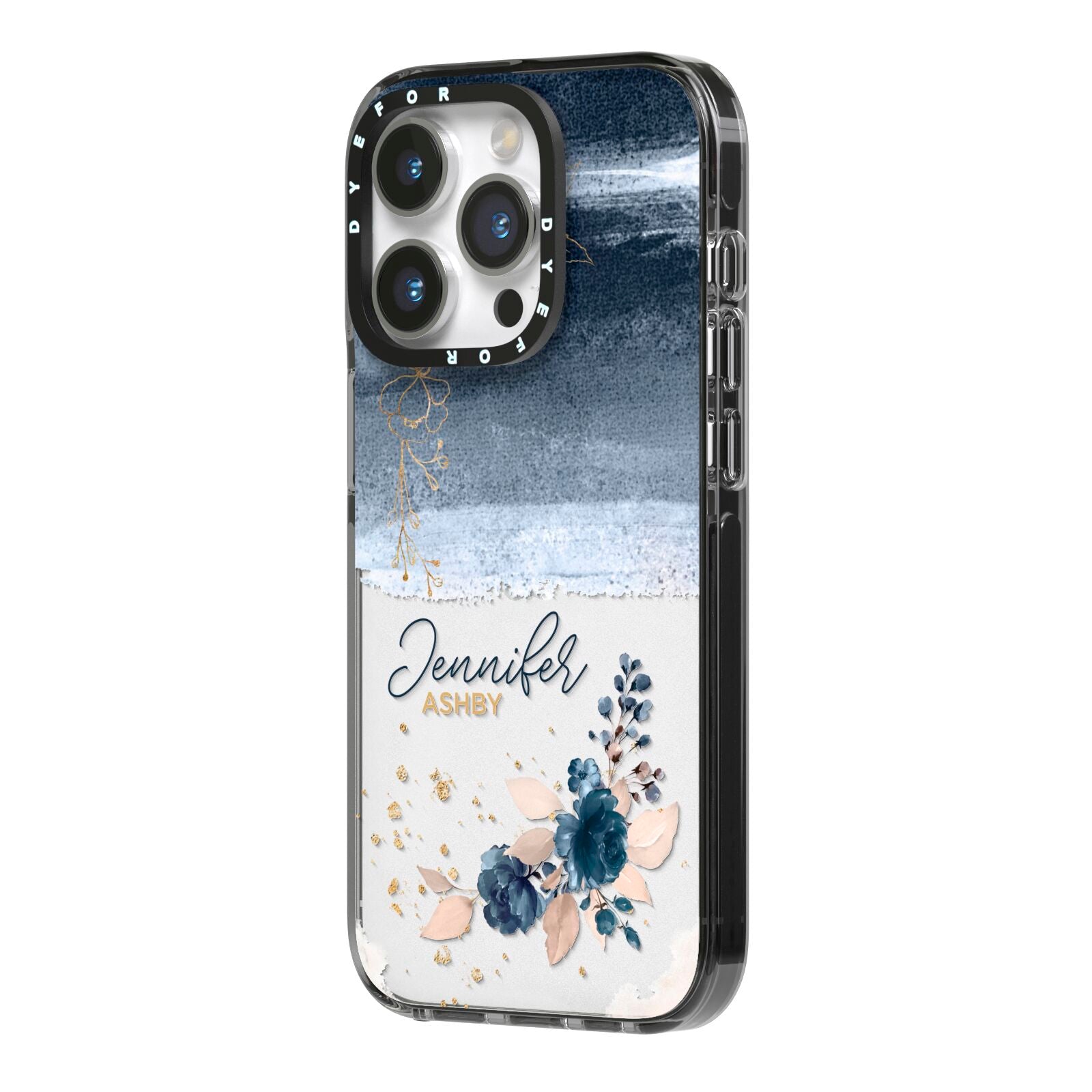 Personalised Blue Pink Watercolour iPhone 14 Pro Black Impact Case Side Angle on Silver phone