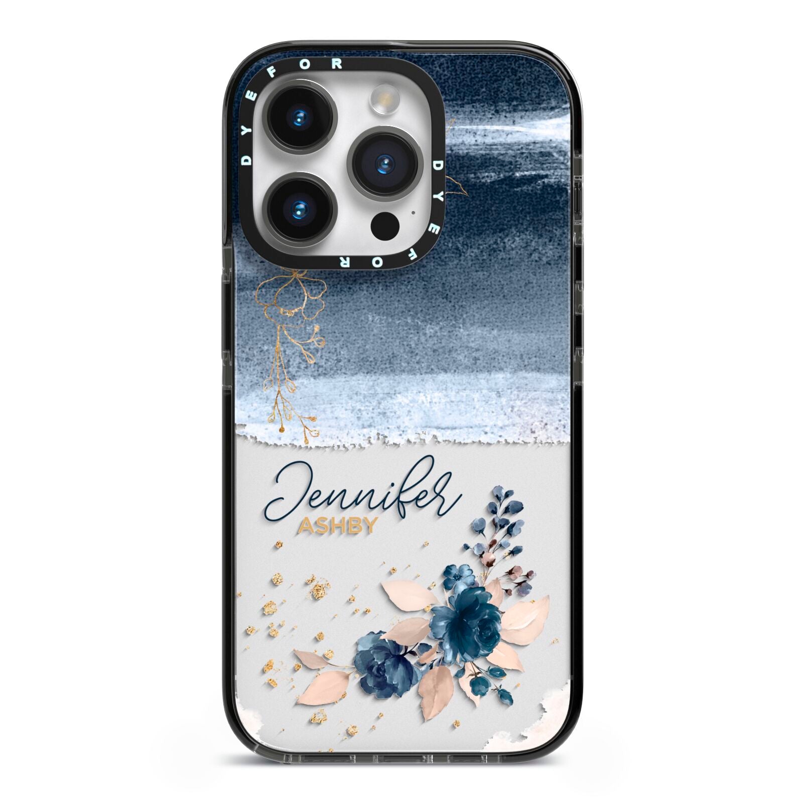 Personalised Blue Pink Watercolour iPhone 14 Pro Black Impact Case on Silver phone