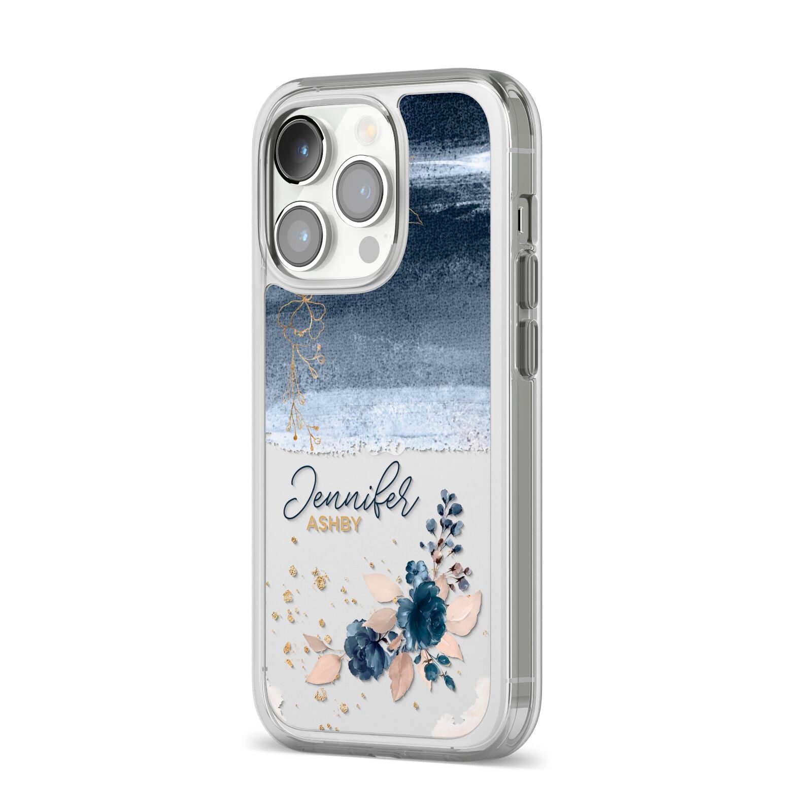 Personalised Blue Pink Watercolour iPhone 14 Pro Clear Tough Case Silver Angled Image