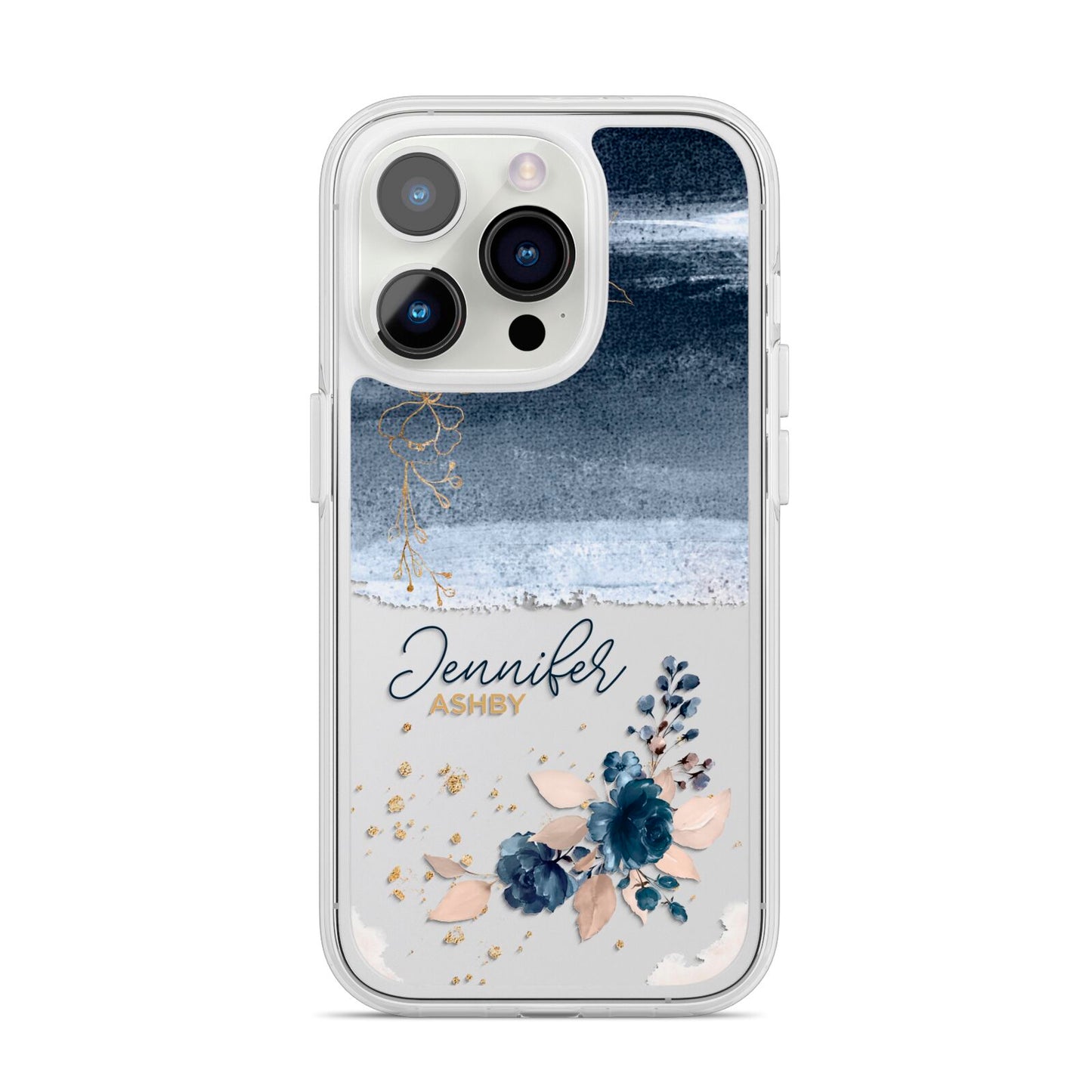 Personalised Blue Pink Watercolour iPhone 14 Pro Clear Tough Case Silver