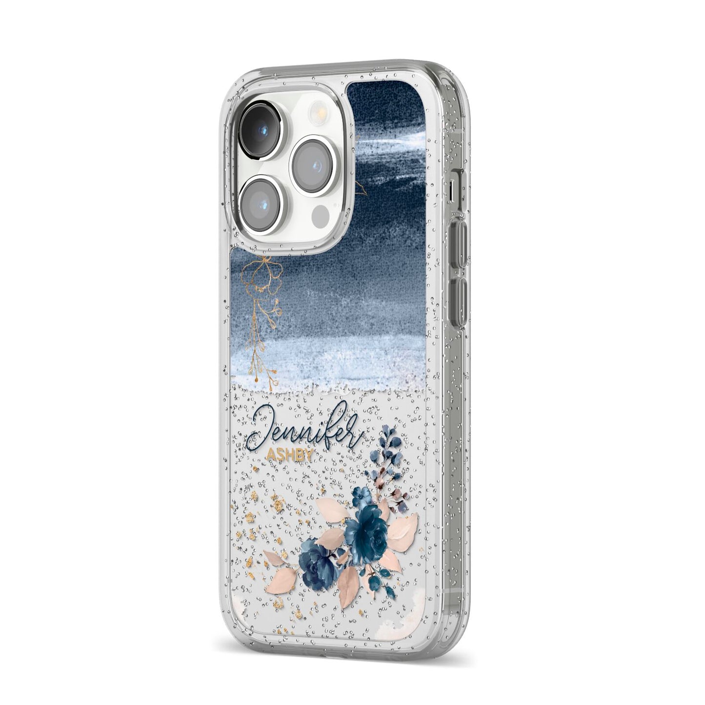 Personalised Blue Pink Watercolour iPhone 14 Pro Glitter Tough Case Silver Angled Image