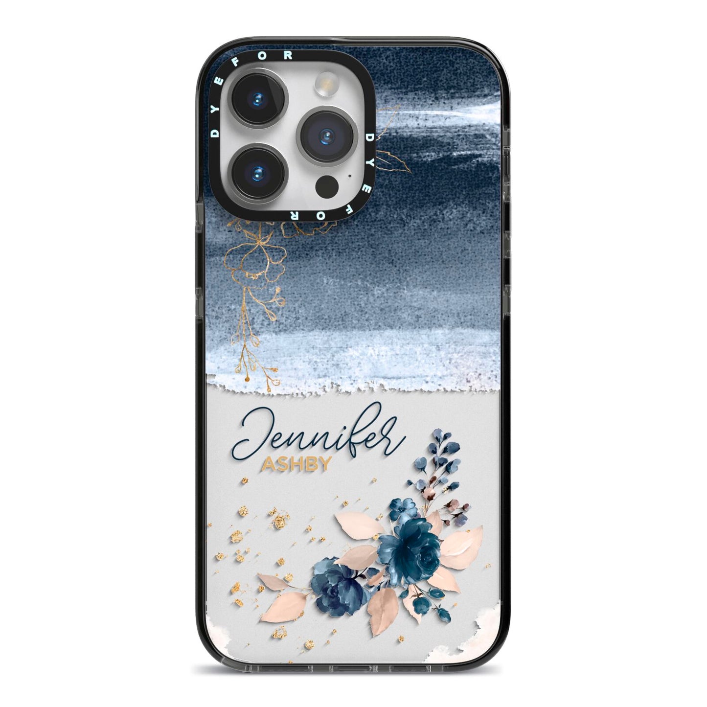Personalised Blue Pink Watercolour iPhone 14 Pro Max Black Impact Case on Silver phone