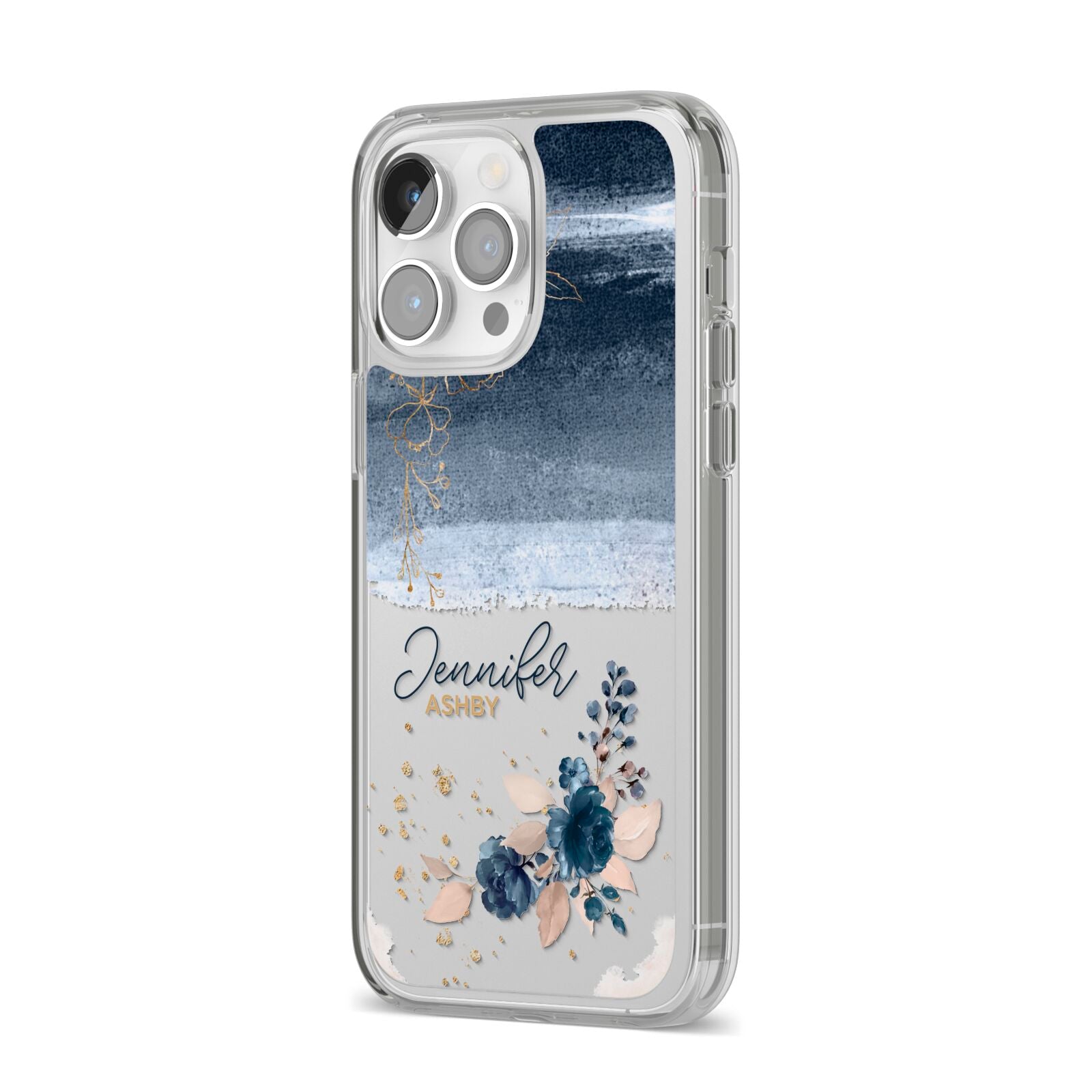 Personalised Blue Pink Watercolour iPhone 14 Pro Max Clear Tough Case Silver Angled Image