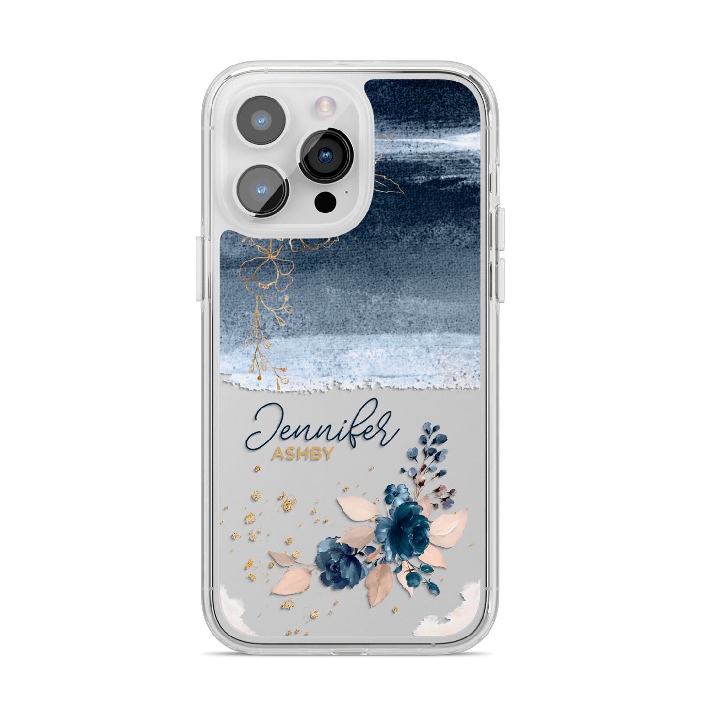 Personalised Blue Pink Watercolour iPhone 14 Pro Max Clear Tough Case Silver