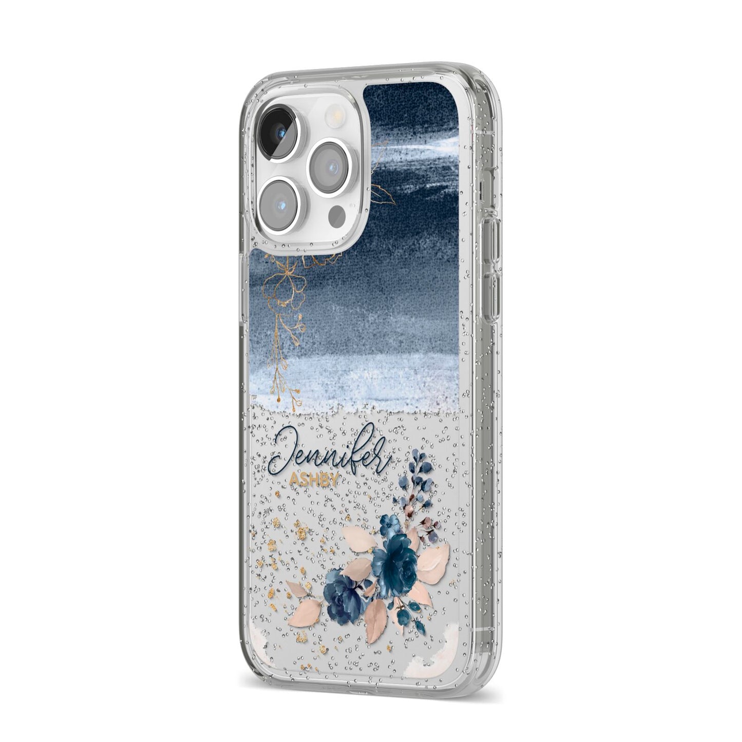 Personalised Blue Pink Watercolour iPhone 14 Pro Max Glitter Tough Case Silver Angled Image
