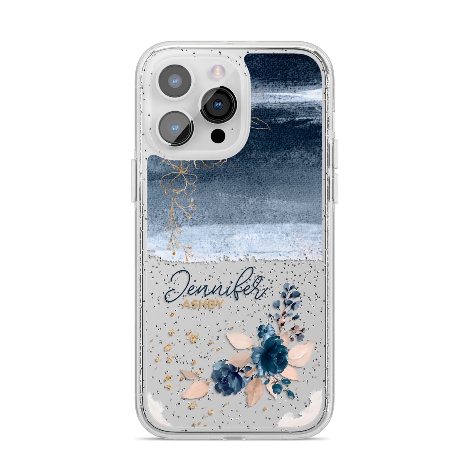 Personalised Blue Pink Watercolour iPhone 14 Pro Max Glitter Tough Case Silver