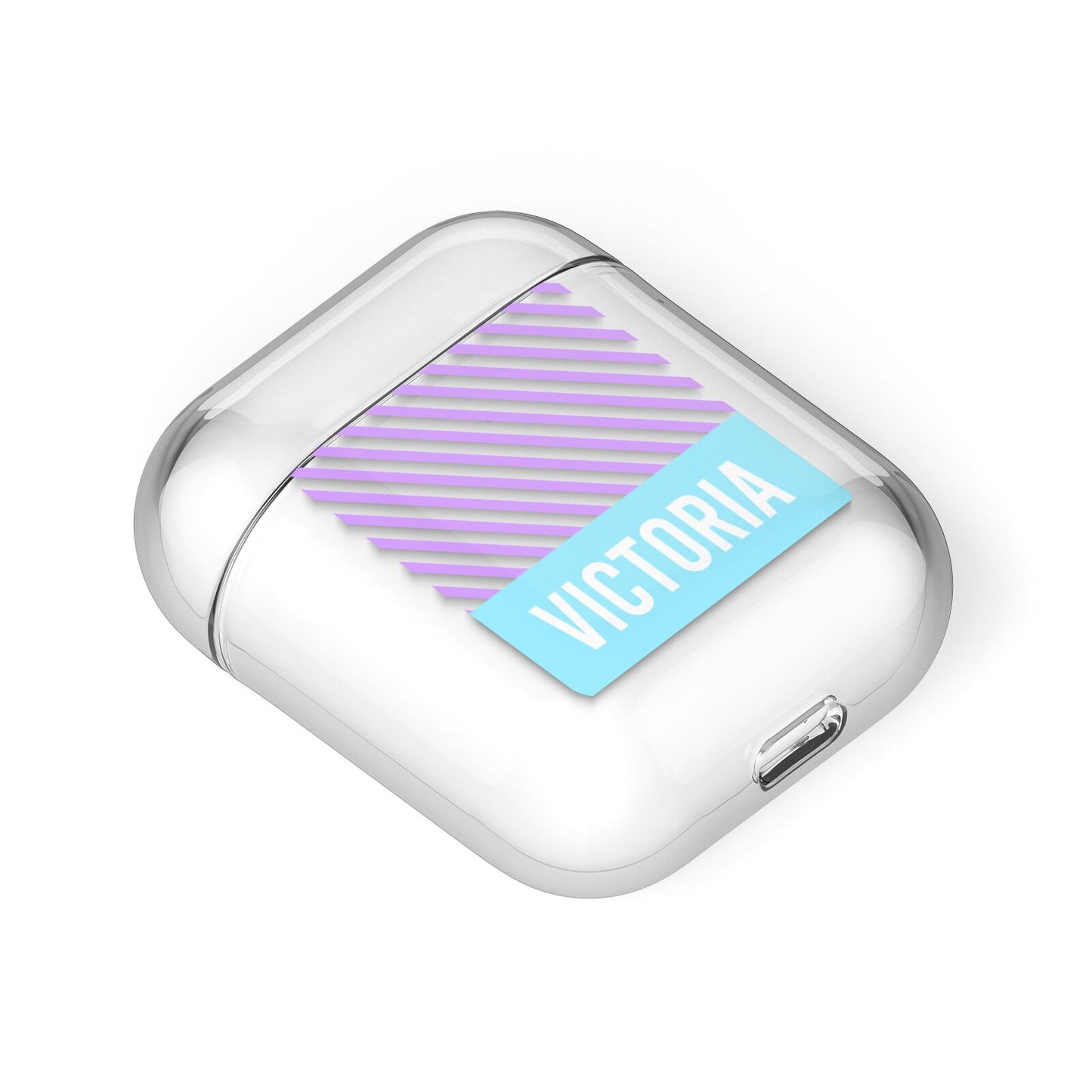 Personalised Blue Purple Stripes AirPods Case Laid Flat