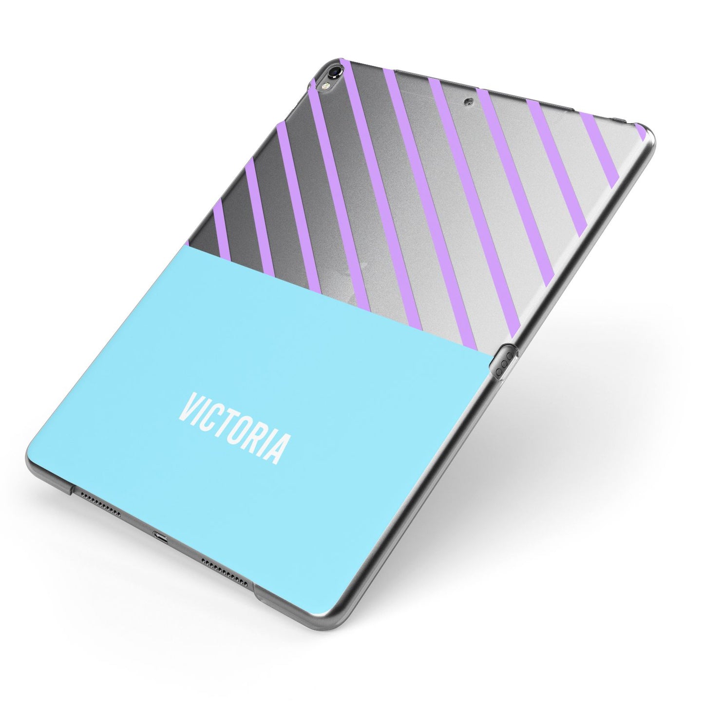 Personalised Blue Purple Stripes Apple iPad Case on Grey iPad Side View