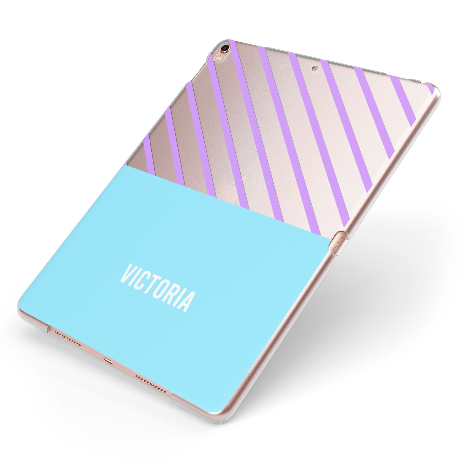 Personalised Blue Purple Stripes Apple iPad Case on Rose Gold iPad Side View